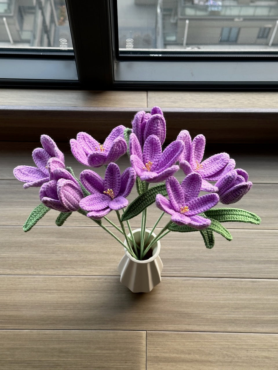 Purple Crochet Tulip Stems, Large-Petal Design, Soft Cotton Yarn