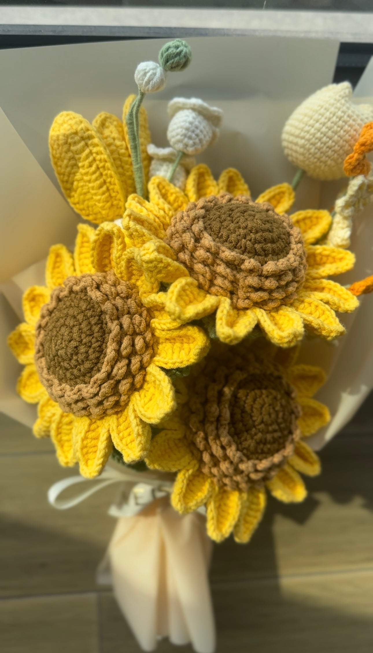 Crochet Sunflower Bouquet, Mixed with Tulip Flower, Tulip Bud, Lily of the Valley, & Forget-Me-Not