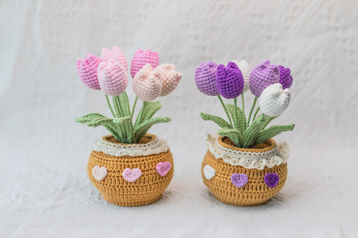 Crochet Flower Pot (5~6 Flowers), Crochet Sunflower, Crochet Tulip in Pink/Purple/Yellow