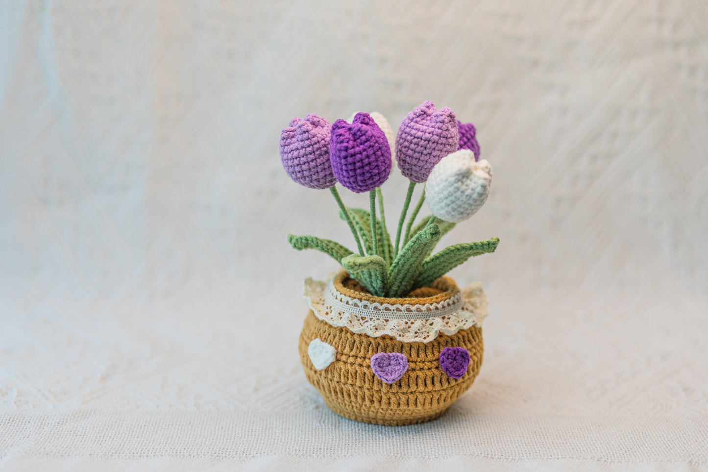 Crochet Flower Pot (5~6 Flowers), Crochet Sunflower, Crochet Tulip in Pink/Purple/Yellow