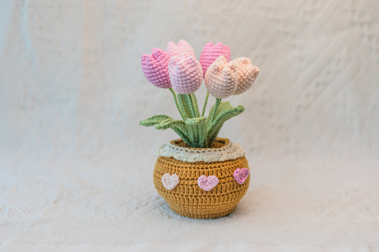 Crochet Flower Pot (5~6 Flowers), Crochet Sunflower, Crochet Tulip in Pink/Purple/Yellow