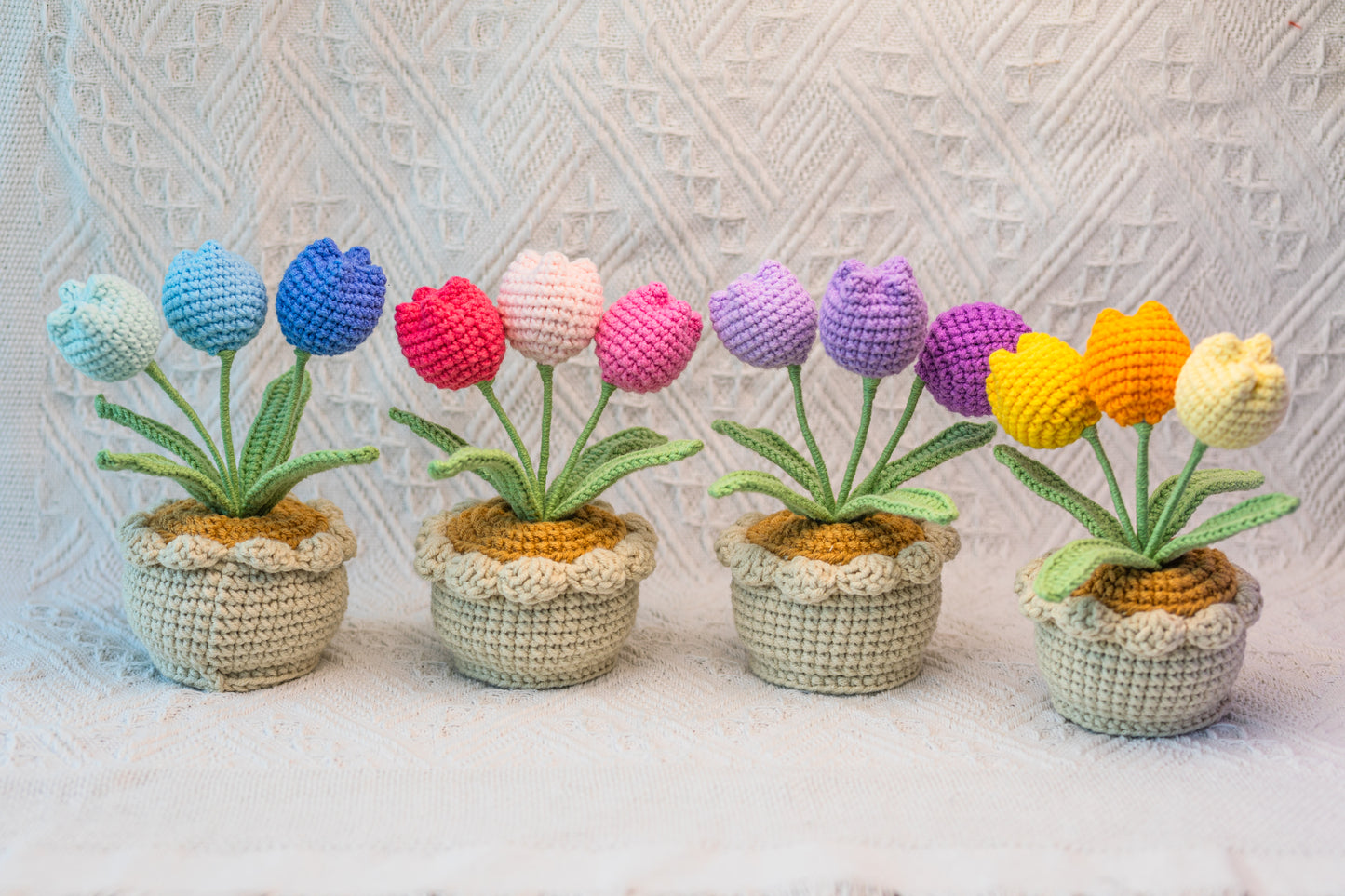 Crochet Tulip Flowers In Pot(3 flowers) | Purple, Pink, Yellow, Blue, Red