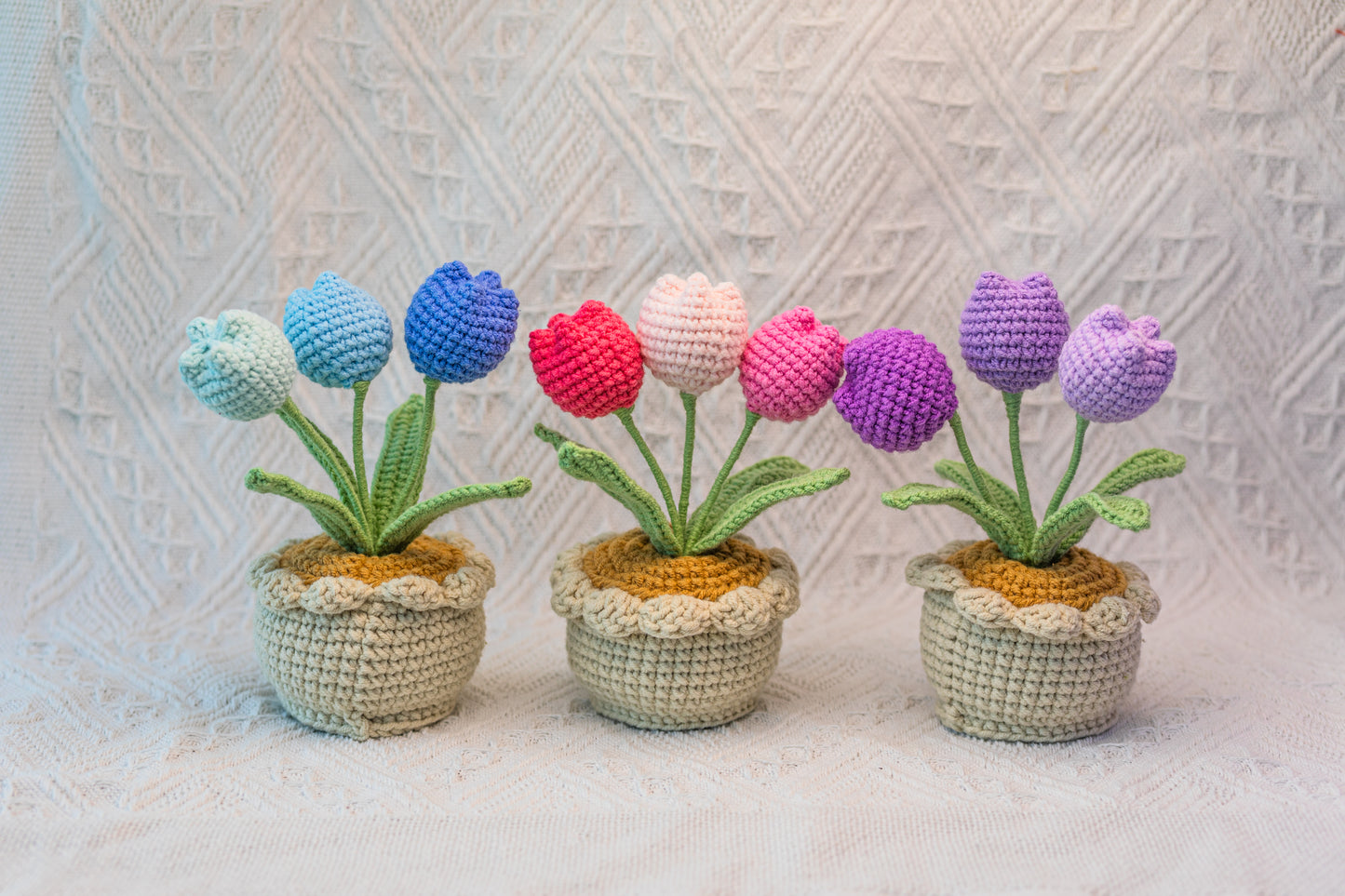 Crochet Tulip Flowers In Pot(3 flowers) | Purple, Pink, Yellow, Blue, Red