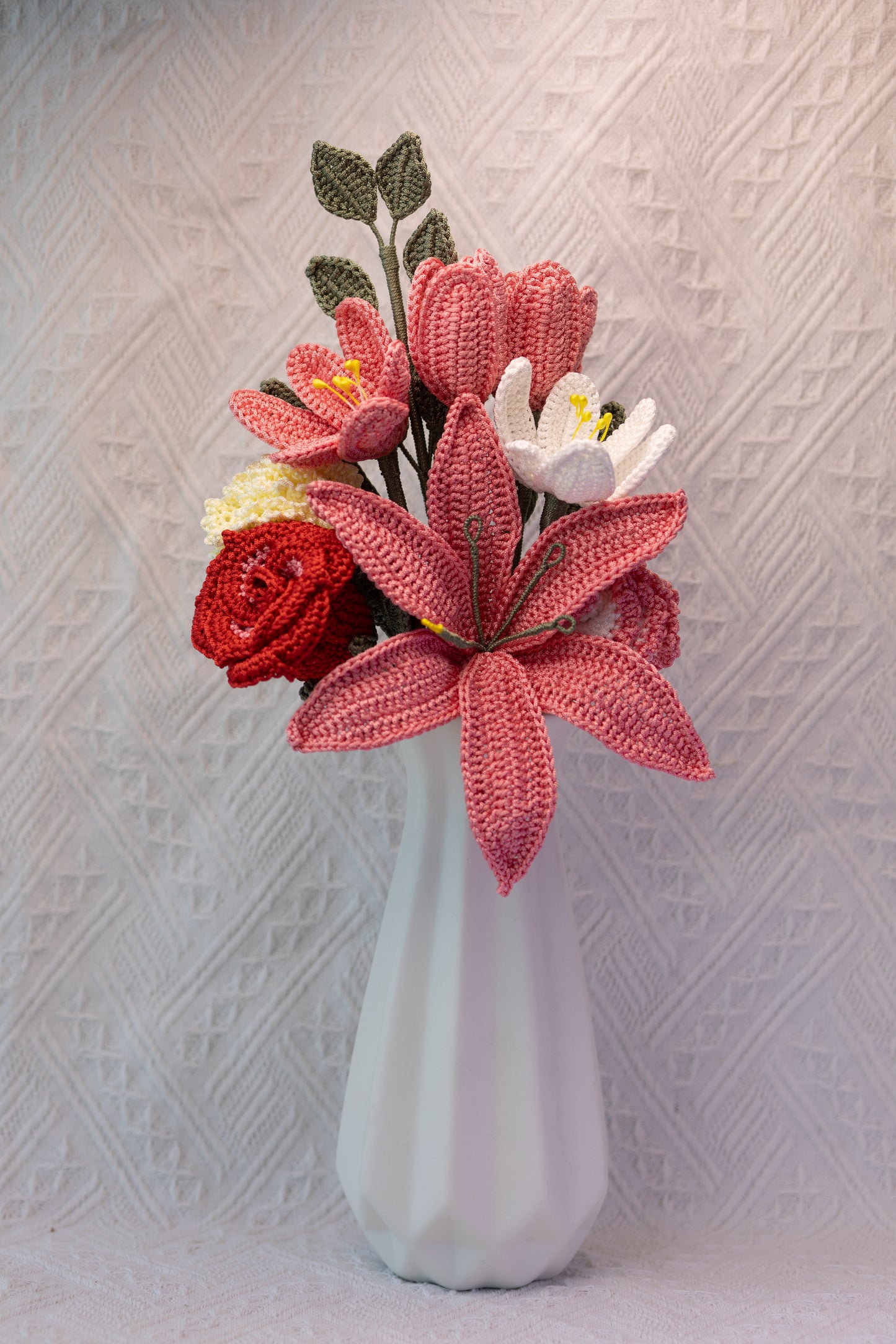 Blushing Harmony Bouquet — Handmade Crochet Lily, Tulips, Carnations & Rose (9-Stem)