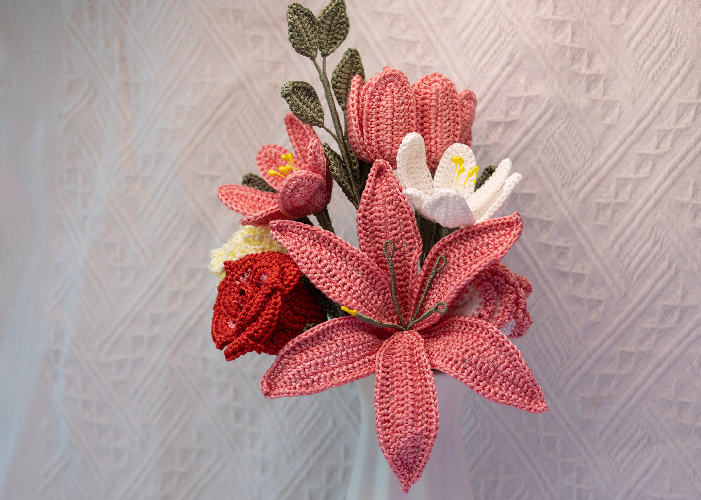 Blushing Harmony Bouquet — Handmade Crochet Lily, Tulips, Carnations & Rose (9-Stem)