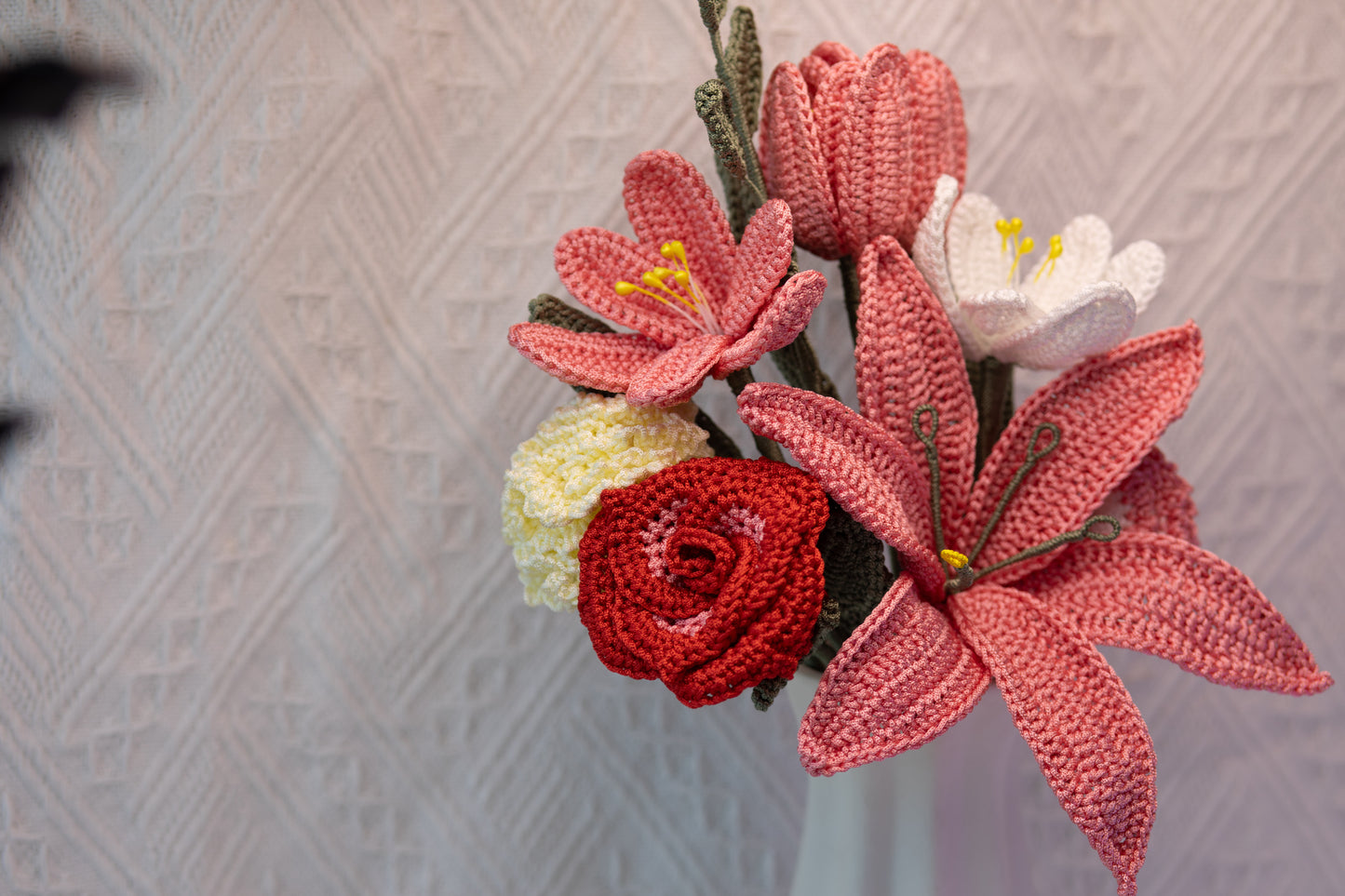 Blushing Harmony Bouquet — Handmade Crochet Lily, Tulips, Carnations & Rose (9-Stem)