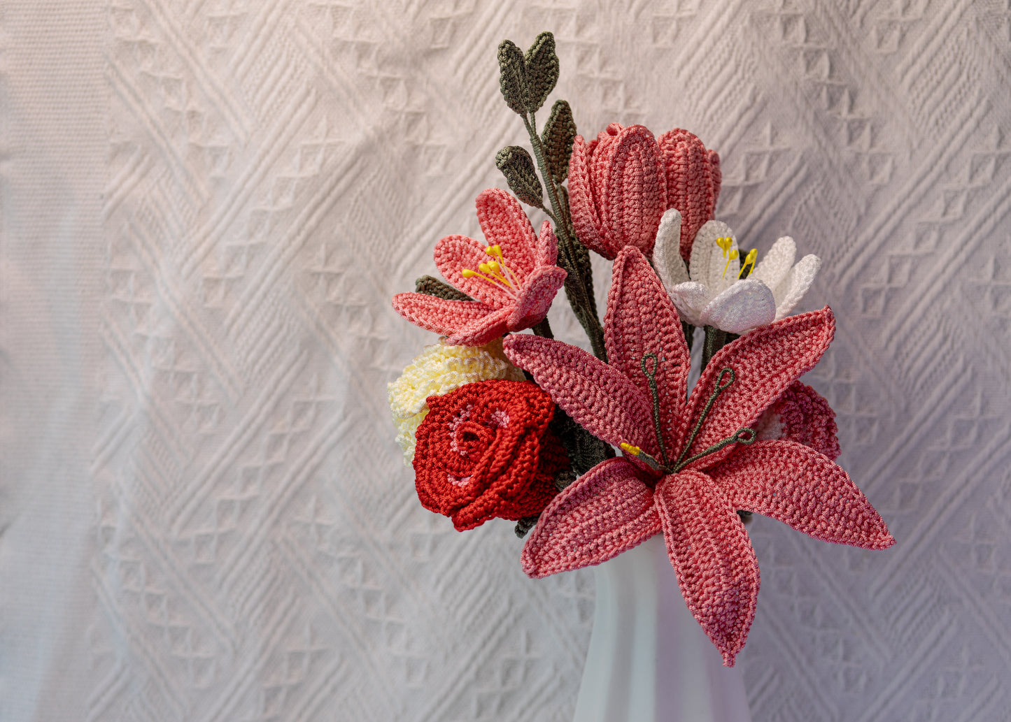 Blushing Harmony Bouquet — Handmade Crochet Lily, Tulips, Carnations & Rose (9-Stem)