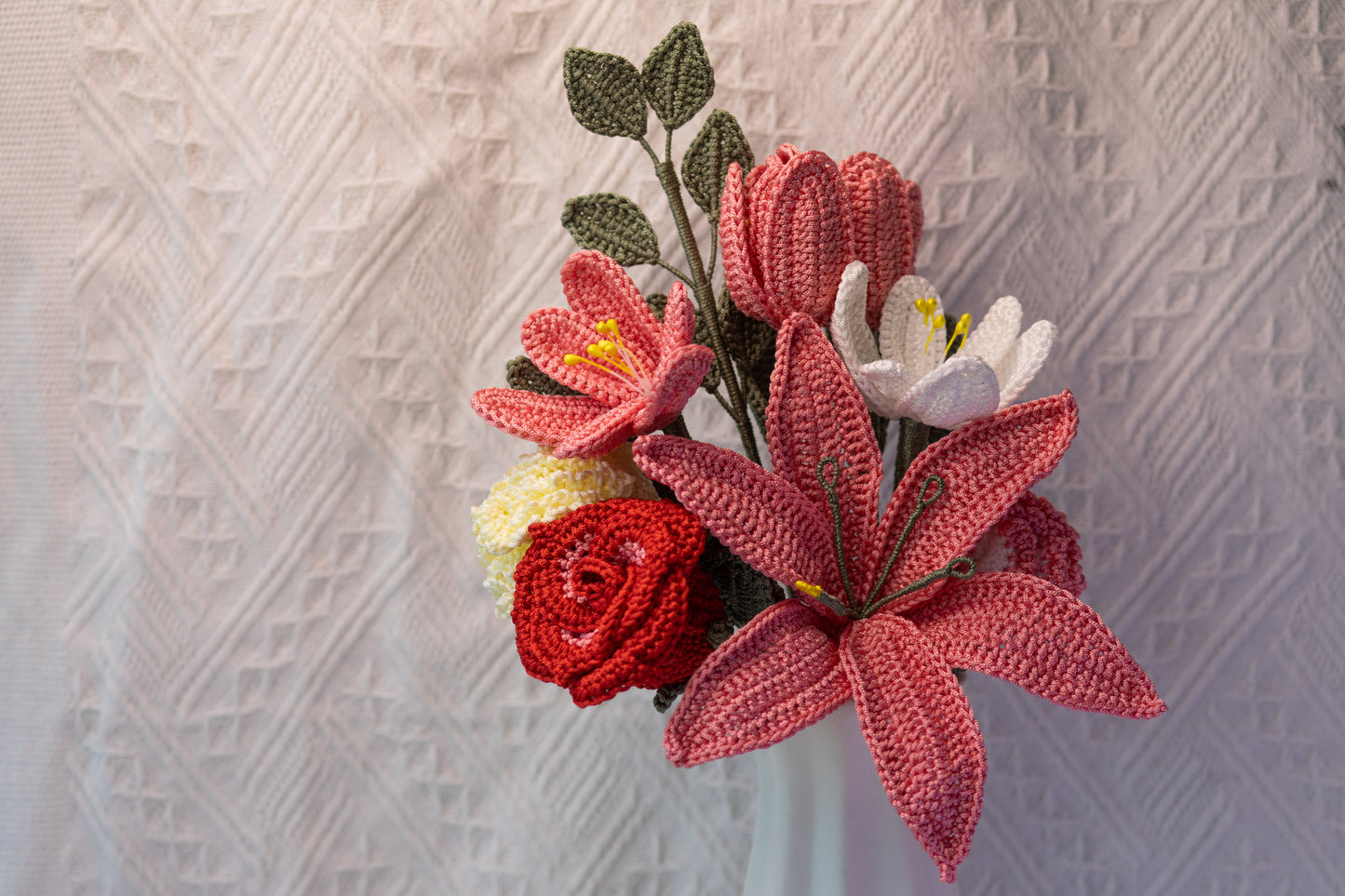 Blushing Harmony Bouquet — Handmade Crochet Lily, Tulips, Carnations & Rose (9-Stem)