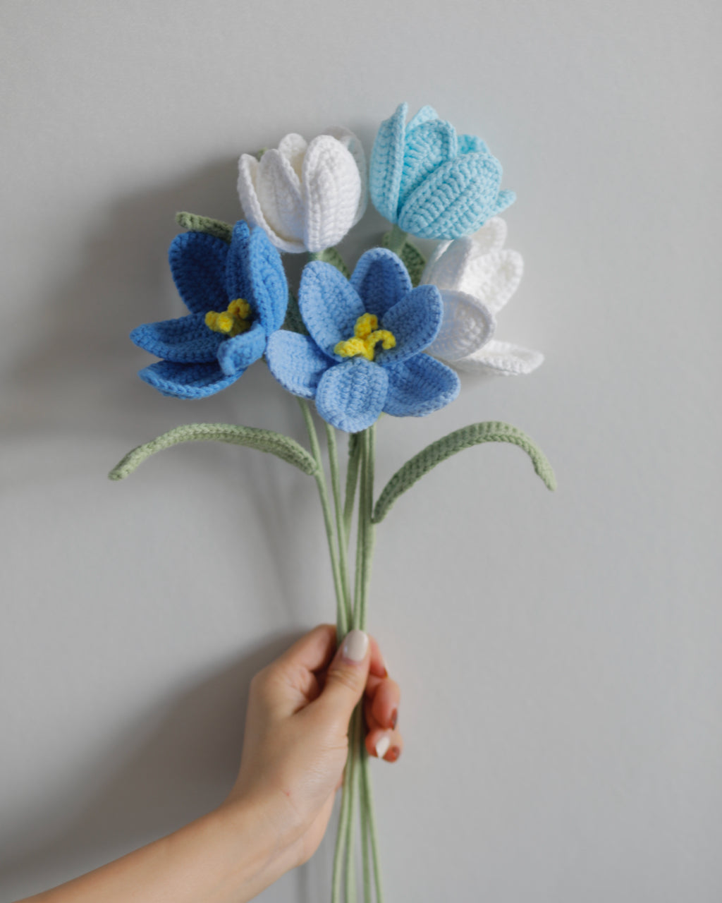 Crochet Tulip Bouquet, 5-Stem Bouquet, in Blue & White