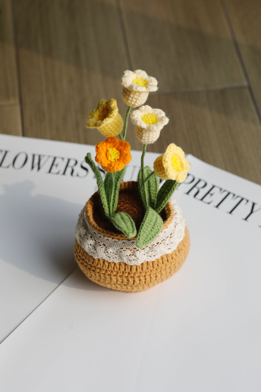 Crochet Lily of the Valley in Pot | Small(5 Flowers) | Blue, Yellow, White