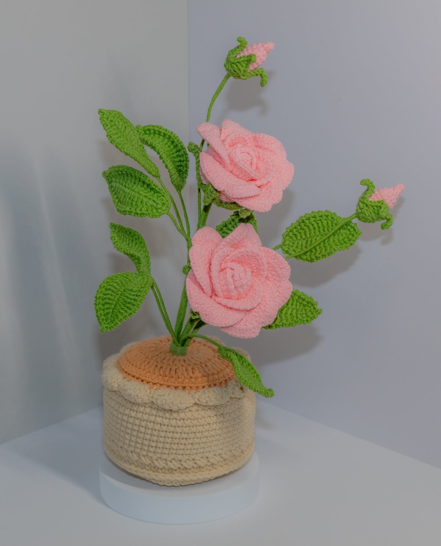 Crochet Rose Flower in Pot | Large (2 Flowers & 2 Buds)| Red, Pink, Light Pink, Yellow, Green