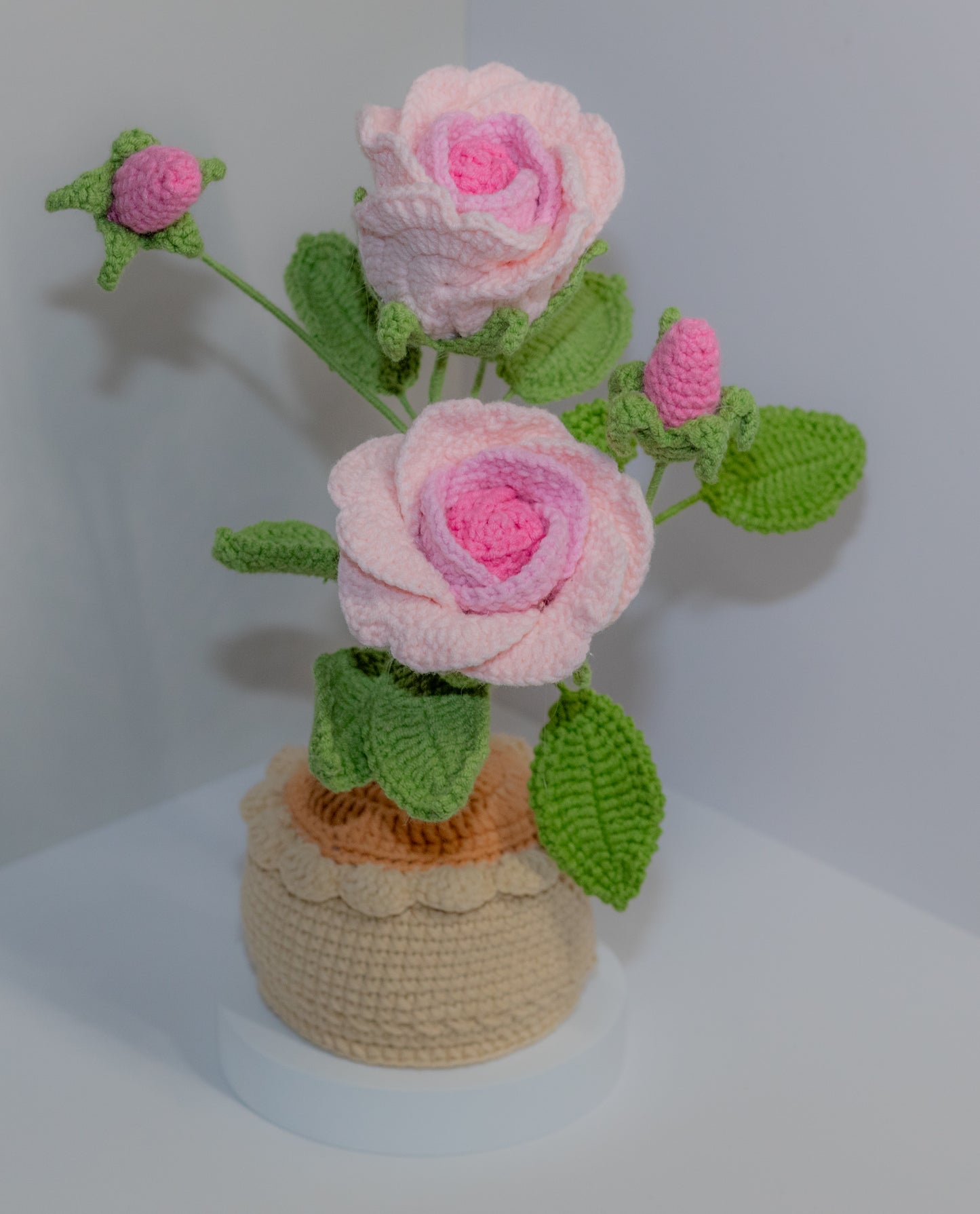 Crochet Rose Flower in Pot | Large (2 Flowers & 2 Buds)| Red, Pink, Light Pink, Yellow, Green