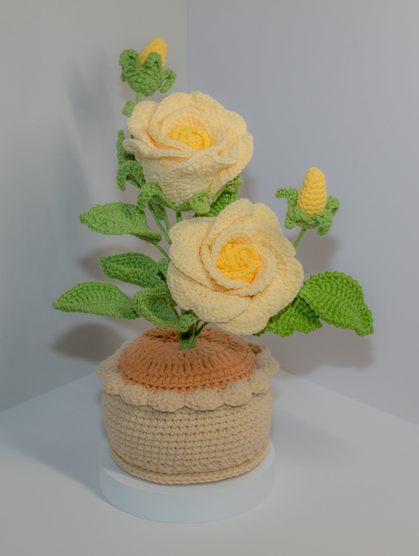 Crochet Rose Flower in Pot | Large (2 Flowers & 2 Buds)| Red, Pink, Light Pink, Yellow, Green