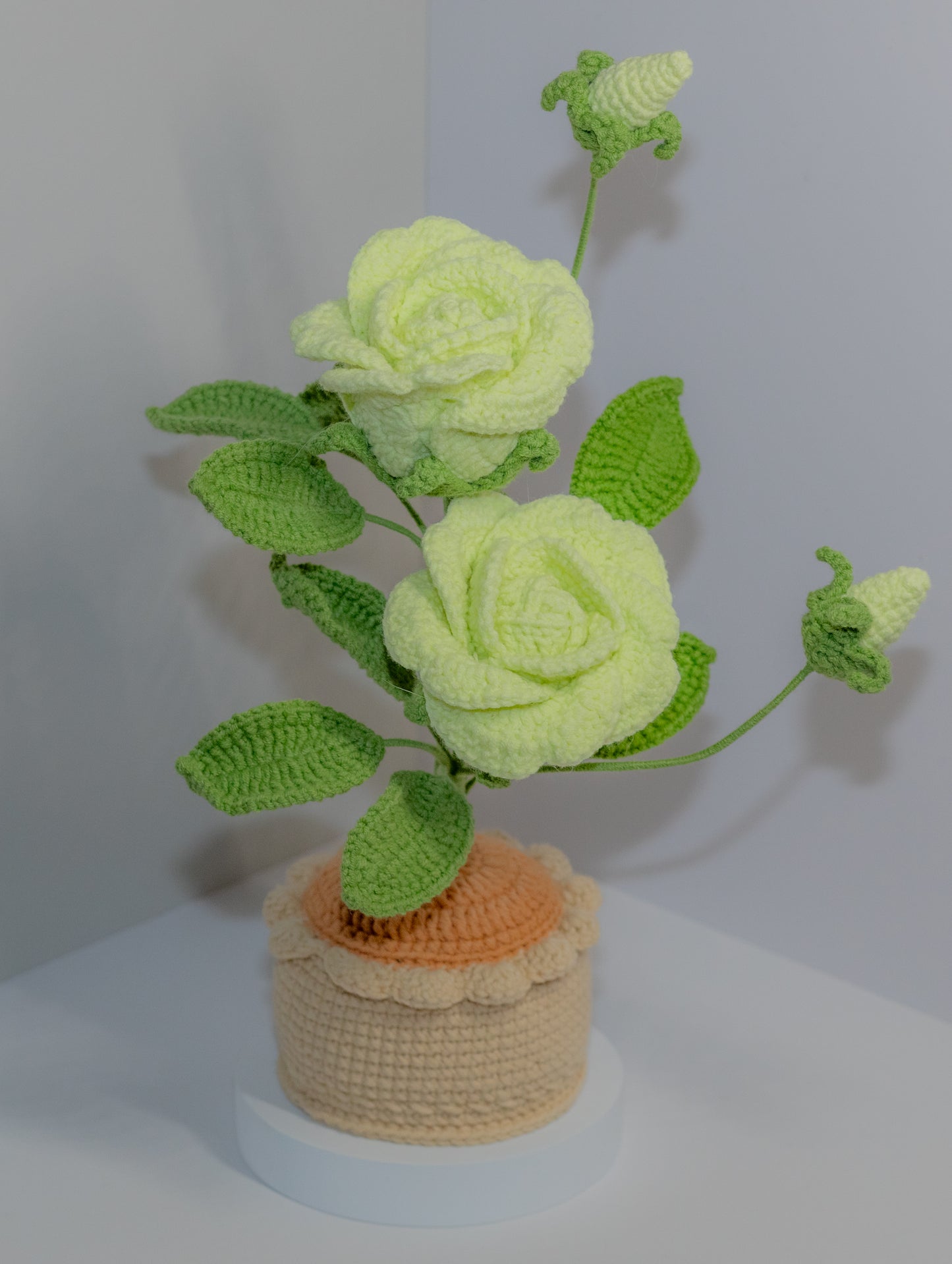 Crochet Rose Flower in Pot | Large (2 Flowers & 2 Buds)| Red, Pink, Light Pink, Yellow, Green