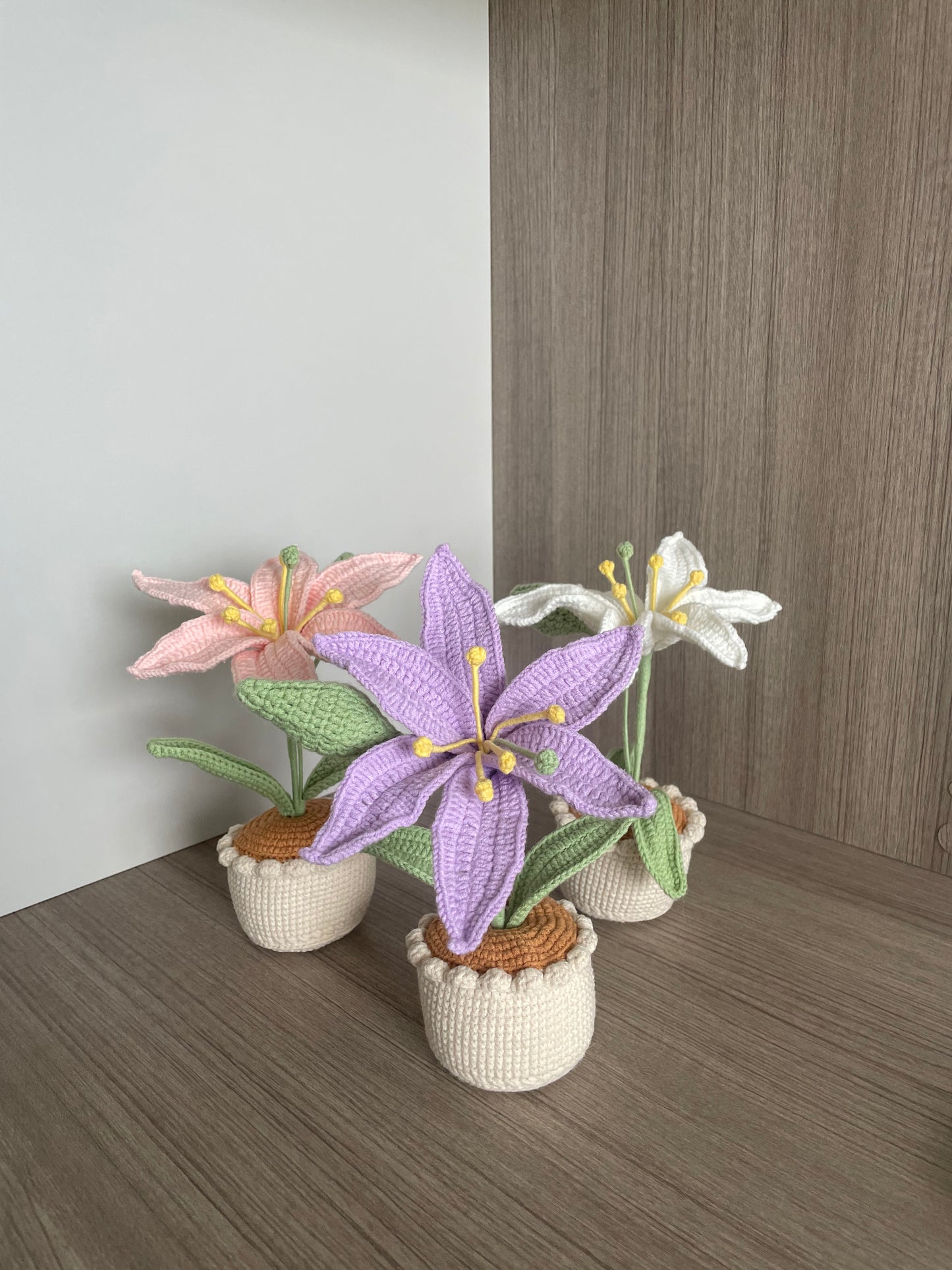 Crochet Lily Flowers in Pot in Pink, Purple, White