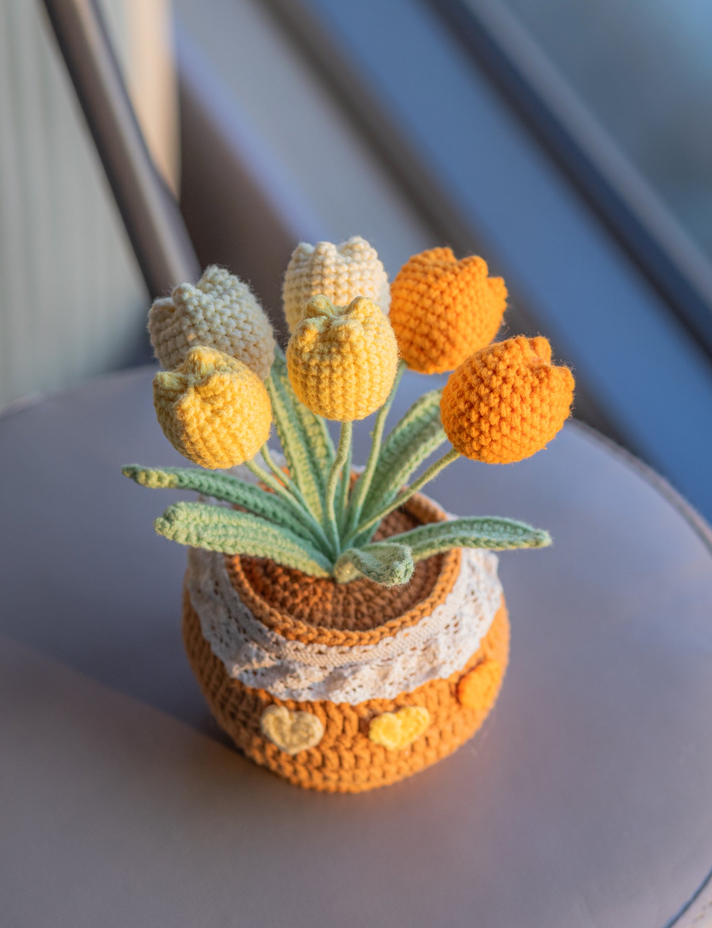 Handmade Crochet Tulip Flower Pot - 6 Tulips in Pink/Purple/Yellow