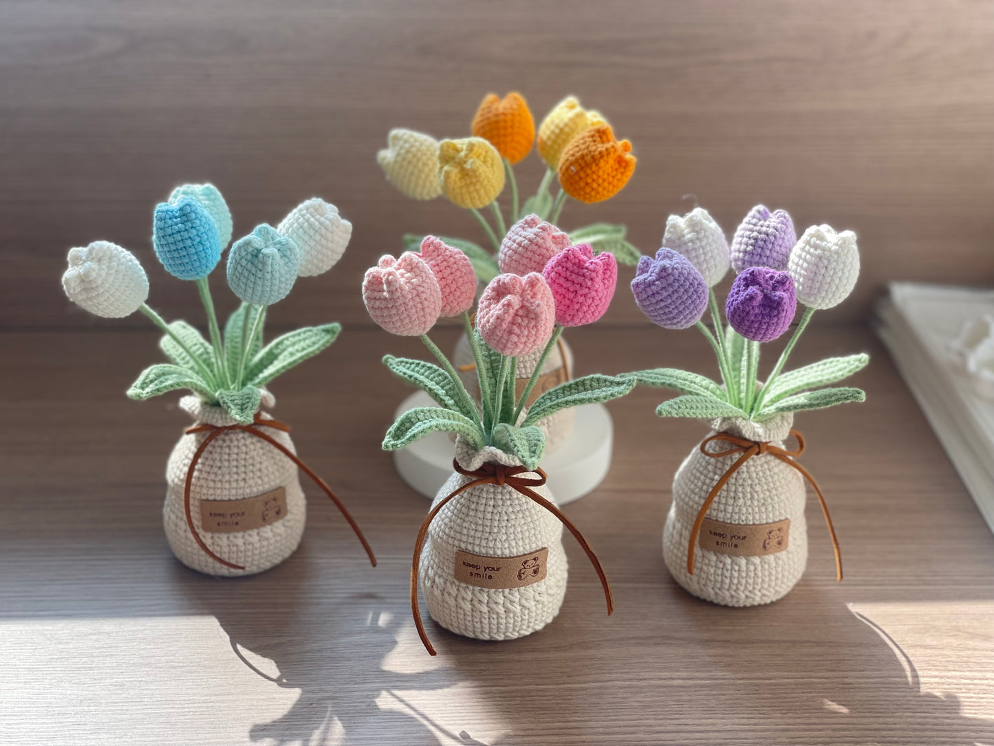 Crochet Flowers in Pocket(5 flowers) | Crochet Sunflower, Crochet Tulip | Purple, Pink, Blue, Orange