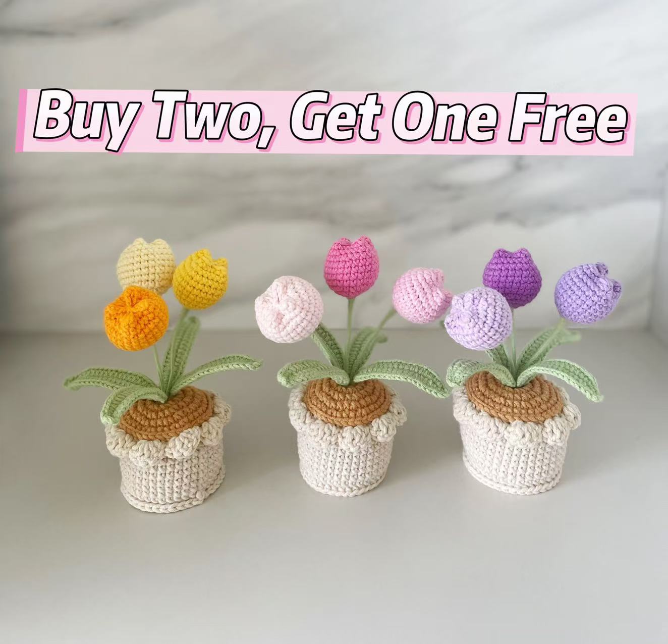 Handmade Crochet Tulip Flower Pot - 3 Tulips in Purple, Pink, Yellow, Blue, Red