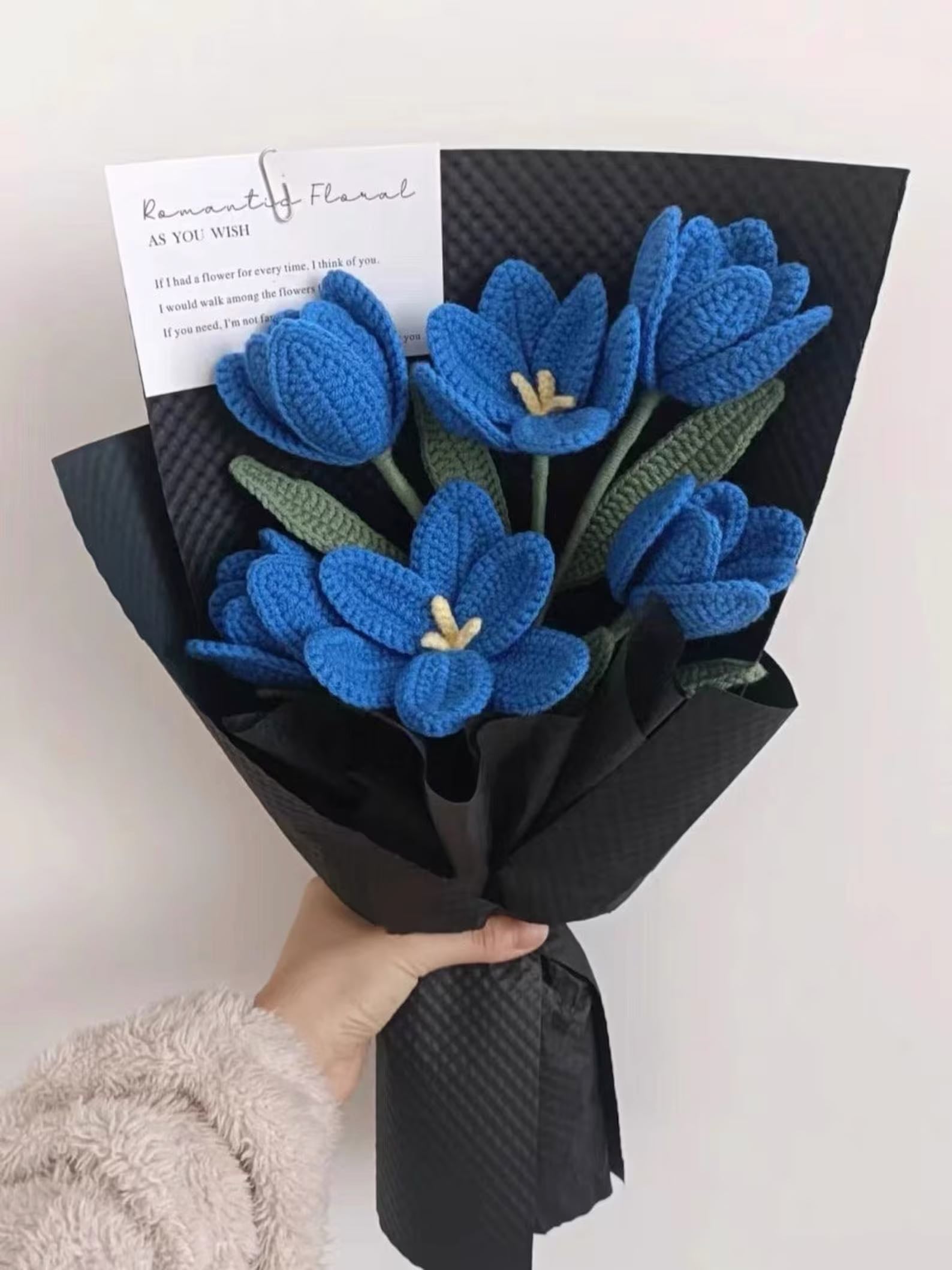 dark blue crochet tulip bouquet, crochet flower bouquet, crochet bouquet