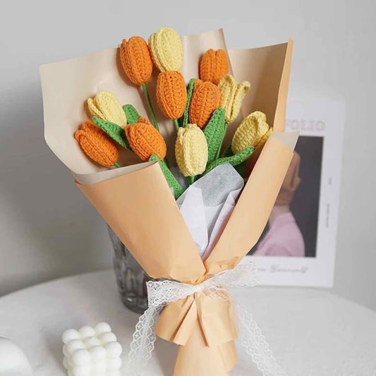 Crochet Tulip Bouquet, 11-Stem Bouquet, in Yellow & Orange