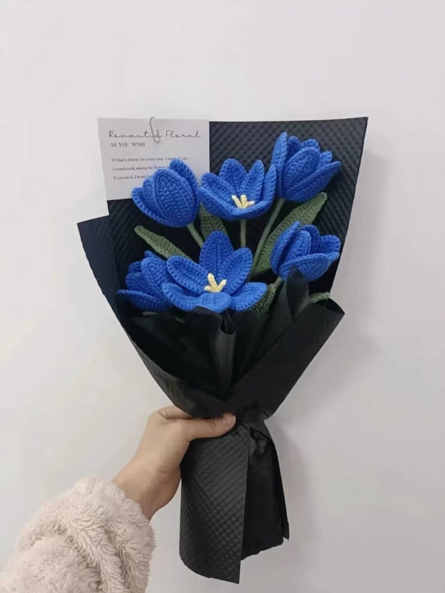 Velvet Abyss Bouquet — Handmade Crochet Tulips in Midnight Blue (6-Stem)
