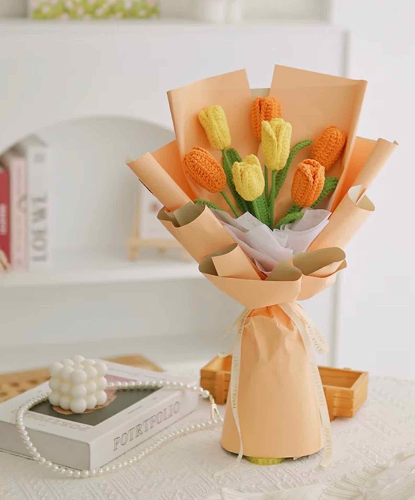 Crochet Tulip Bouquet, 11-Stem Bouquet, in Yellow & Orange