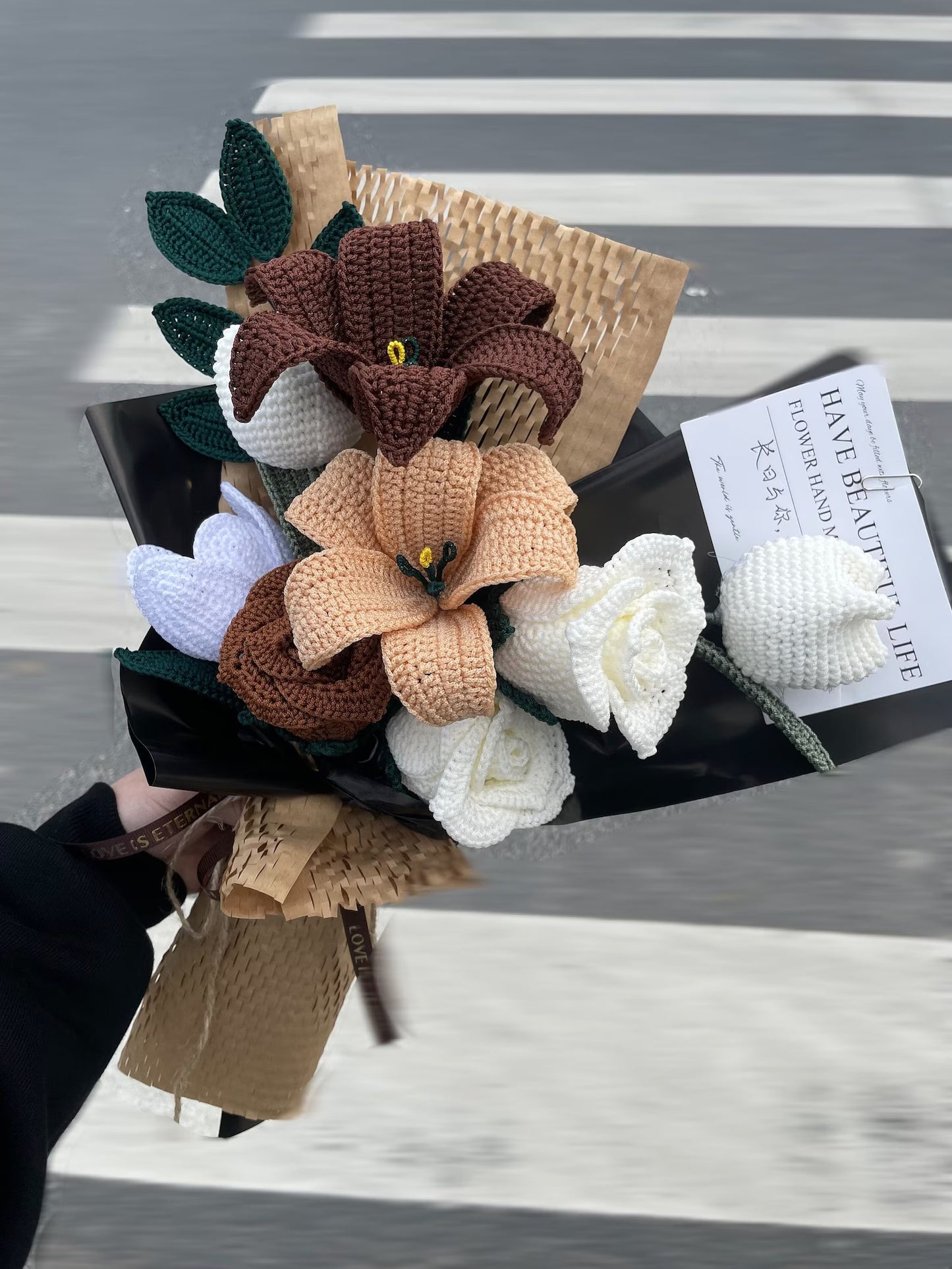 Earthen Whisper Crochet Bouquet — Handmade Crochet Lilies, Roses & Tulips in Brown, Caramel & White (9-Stem)