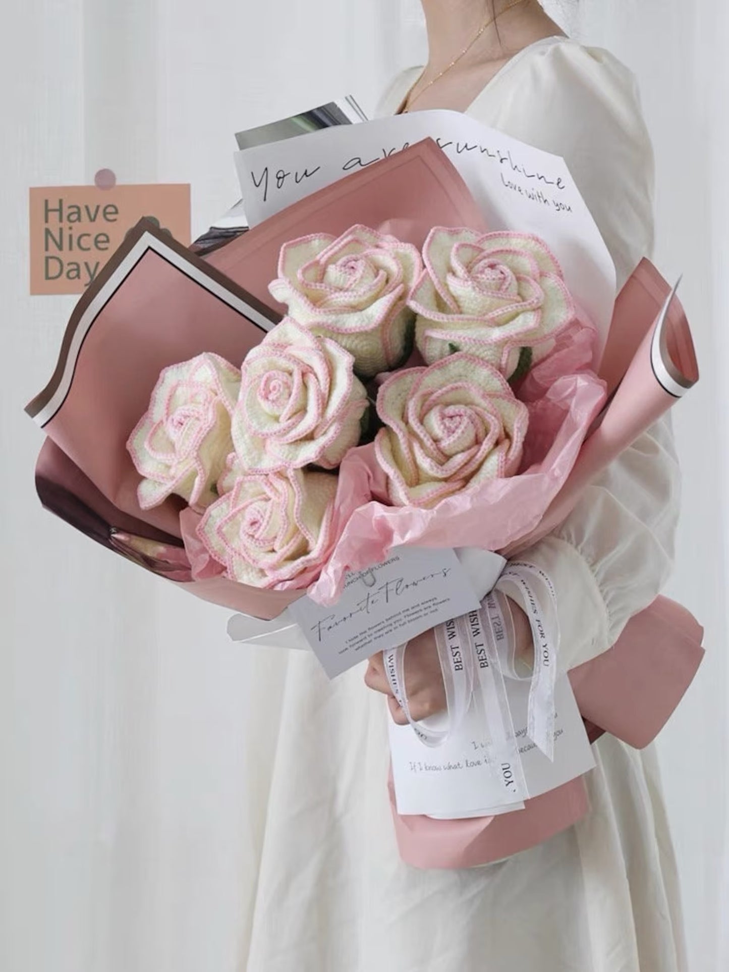 Crochet Rose Bouquet | Multiple Sizes Available | Special Colored Edge - Blue, Yellow, Pink