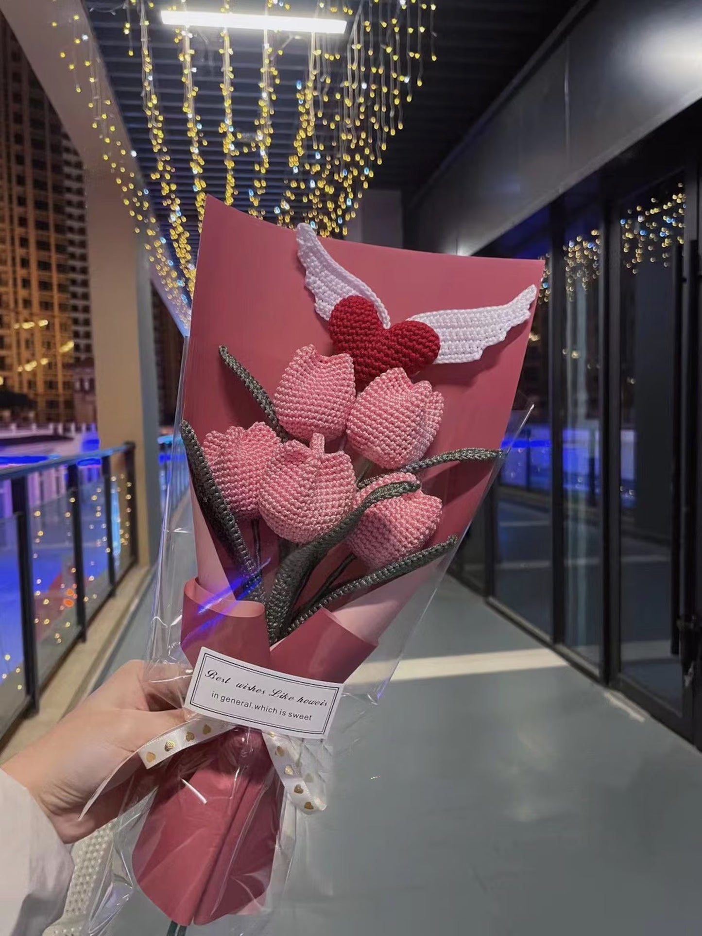 Crochet Tulip & Angle Heart Mixed Bouquet, in Red/Pink/White