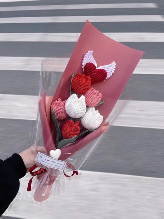 Crochet Tulip & Angle Heart Mixed Bouquet, in Red/Pink/White