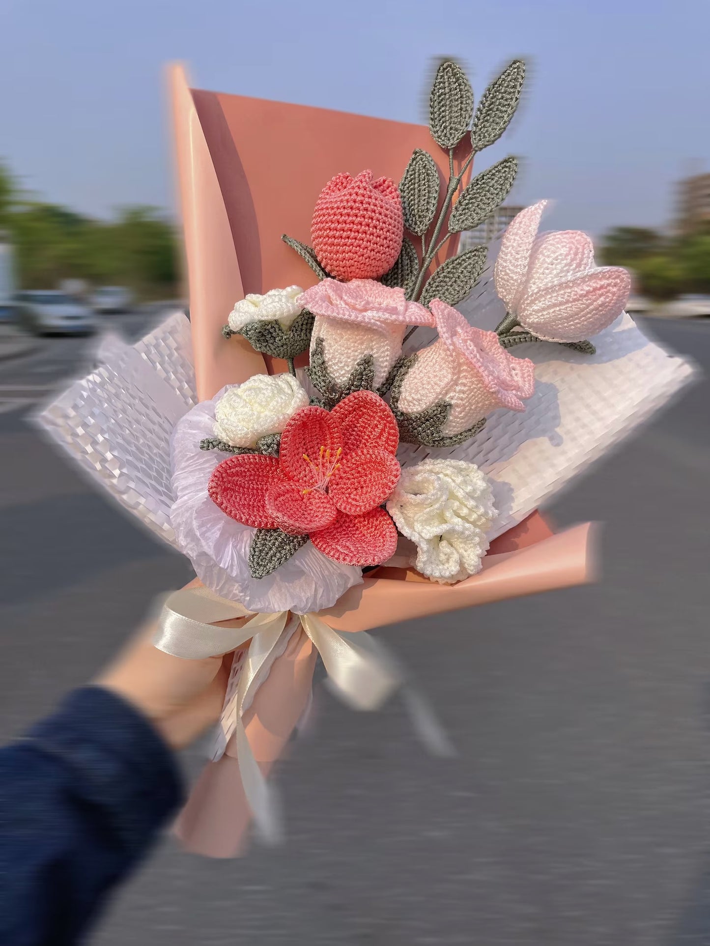 Crochet Rose Bouquet | Mixed with Tulip&Carnation | Medium(17"Hx12"W) | Special Painted Color Mix