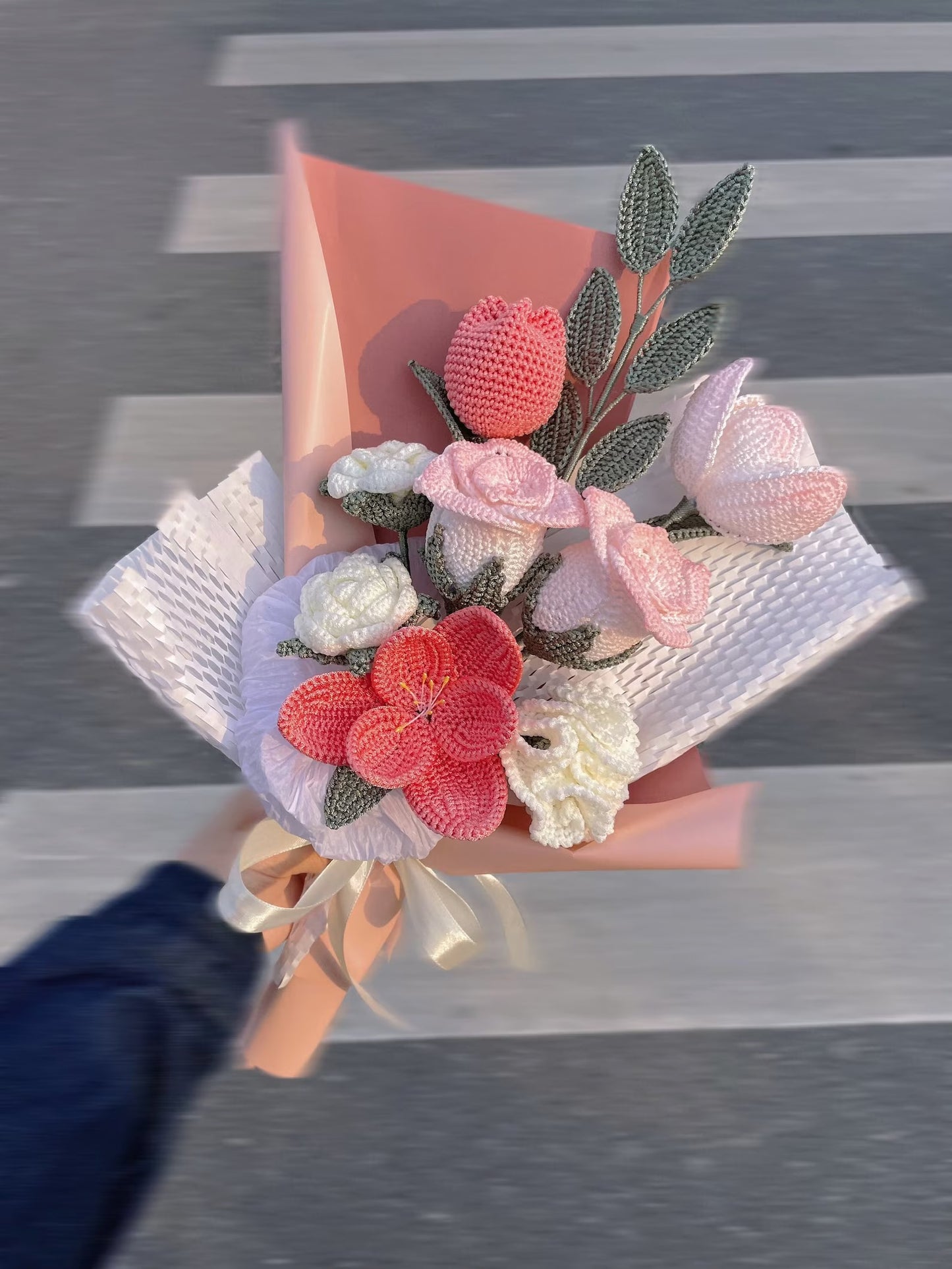 Crochet Rose Bouquet | Mixed with Tulip&Carnation | Medium(17"Hx12"W) | Special Painted Color Mix