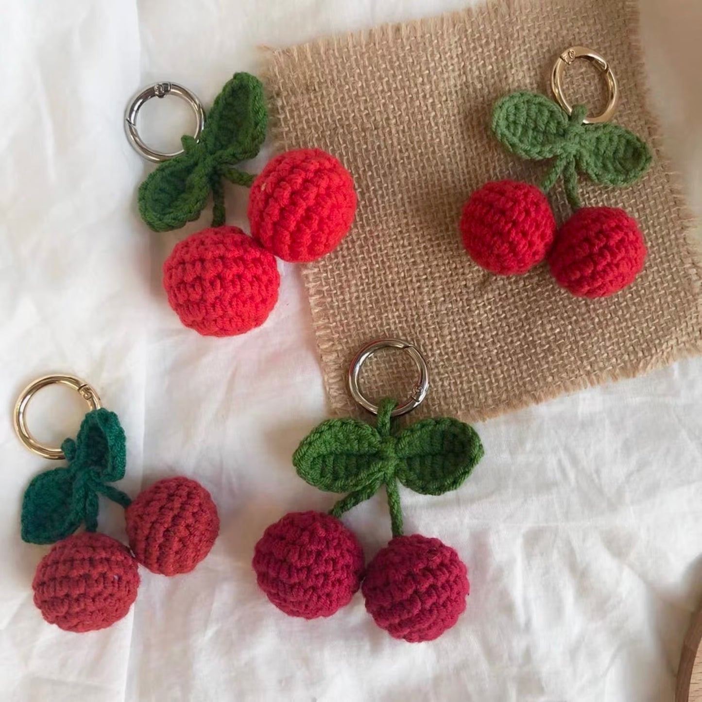 Crochet Cherry Keychain, Red/Dark Red