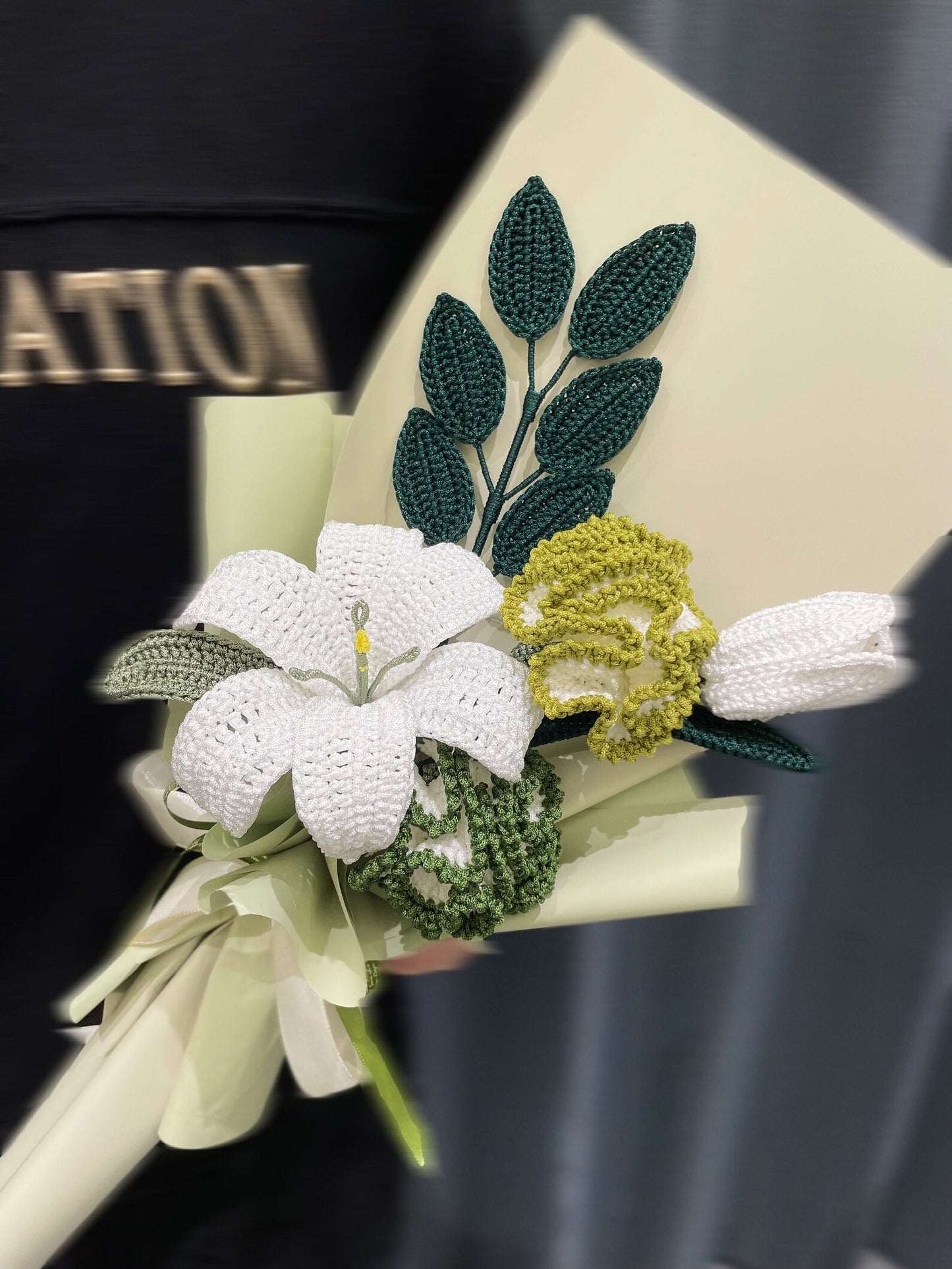 Crochet Lily Bouquet Mixed with Carnation&Tulip&Green Leaves - Small(17"H x 10"W) | Green & White
