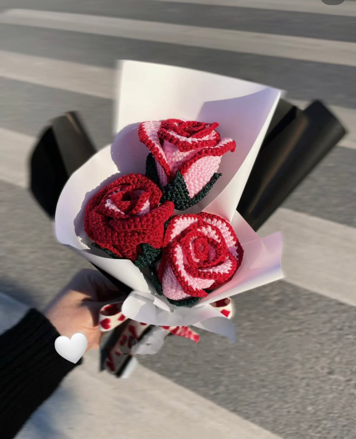 Crochet Rose Bouquet | Small(17"Hx10"W) | Pink&Red Petal, Red Edge