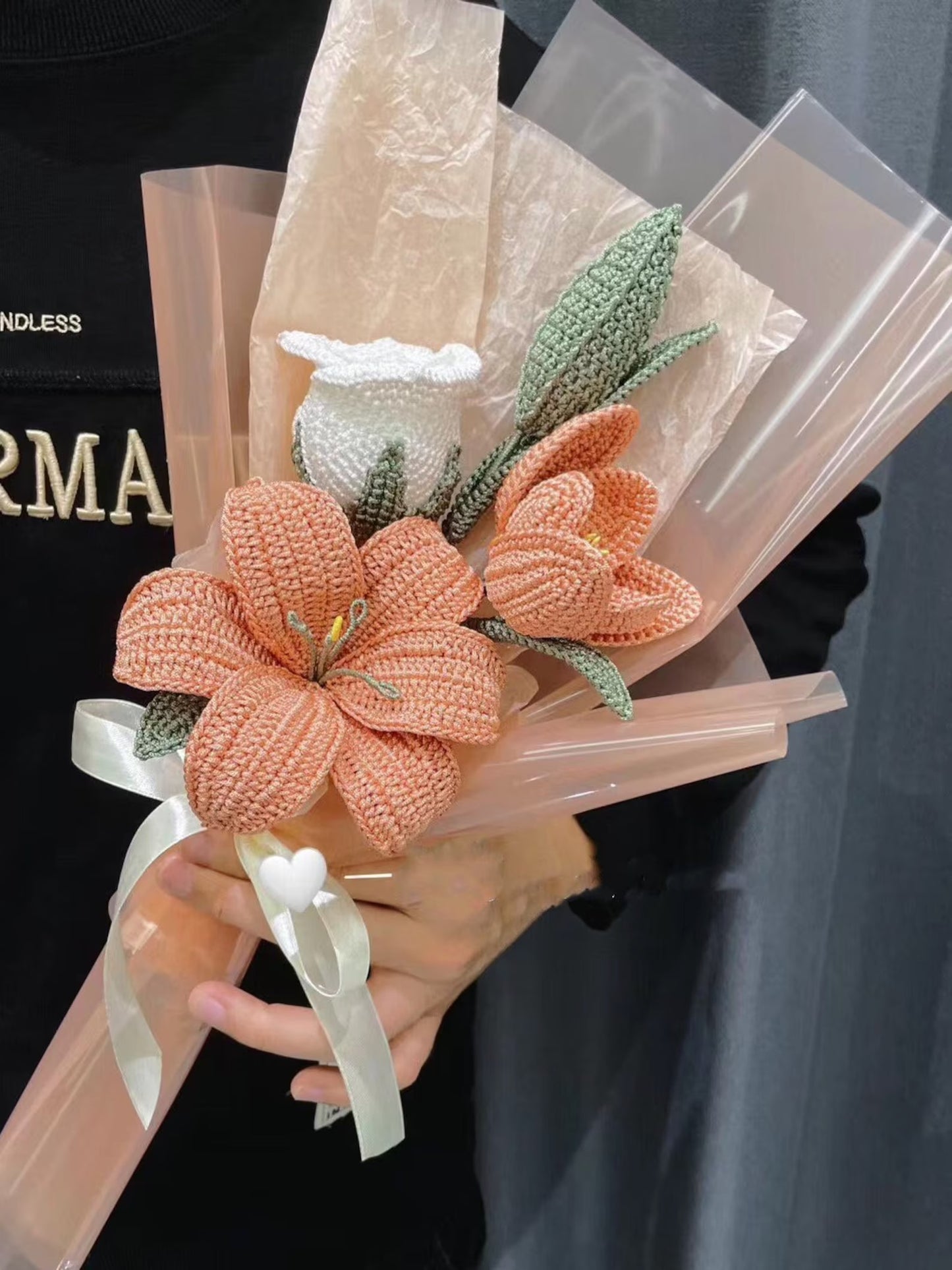 Crochet Lily Bouquet Mixed with Rose&Tulip&Green Leaves - Small(17"H x 10"W) | Morandi Orange & White