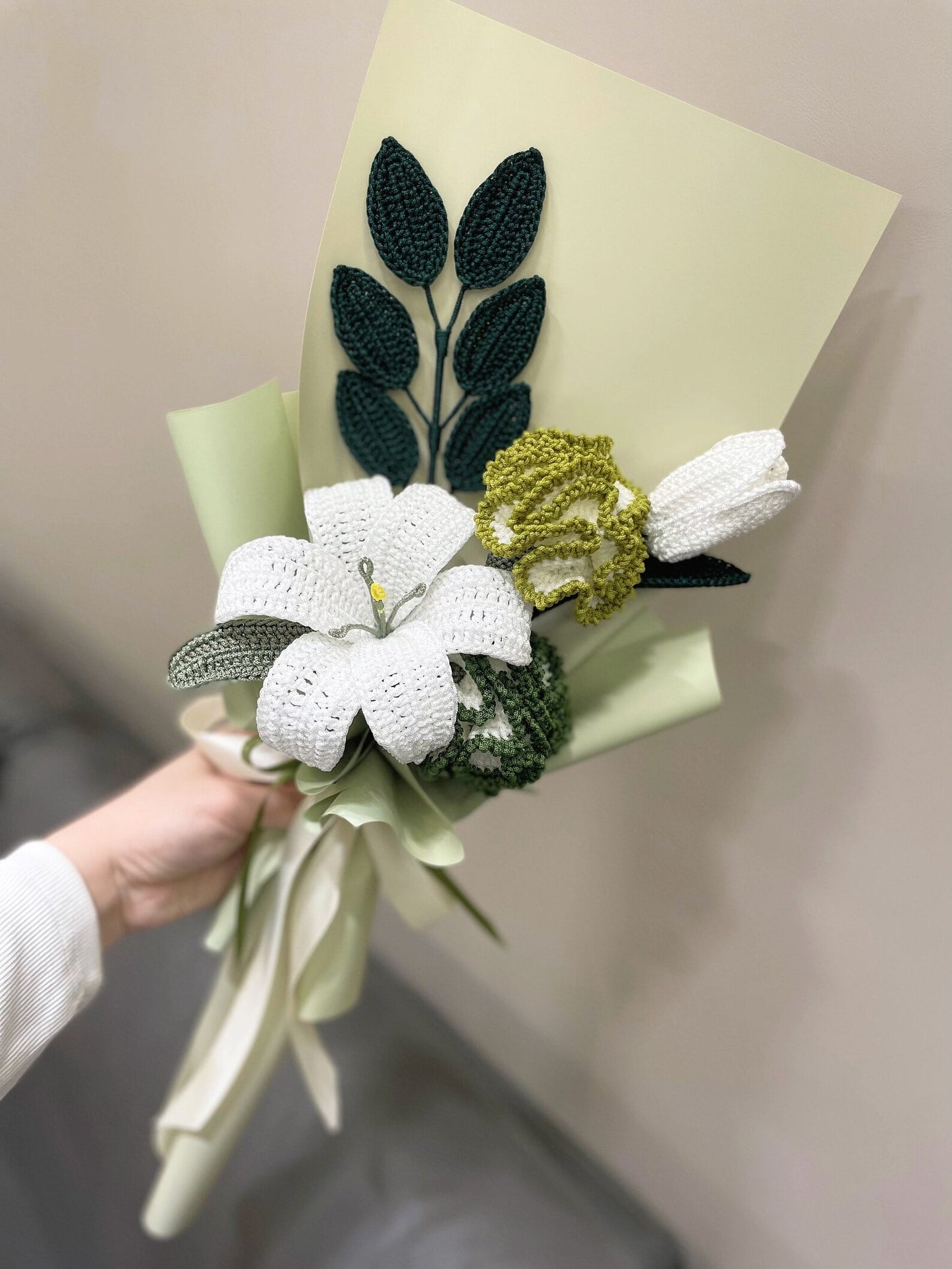 Crochet Lily Bouquet Mixed with Carnation&Tulip&Green Leaves - Small(17"H x 10"W) | Green & White
