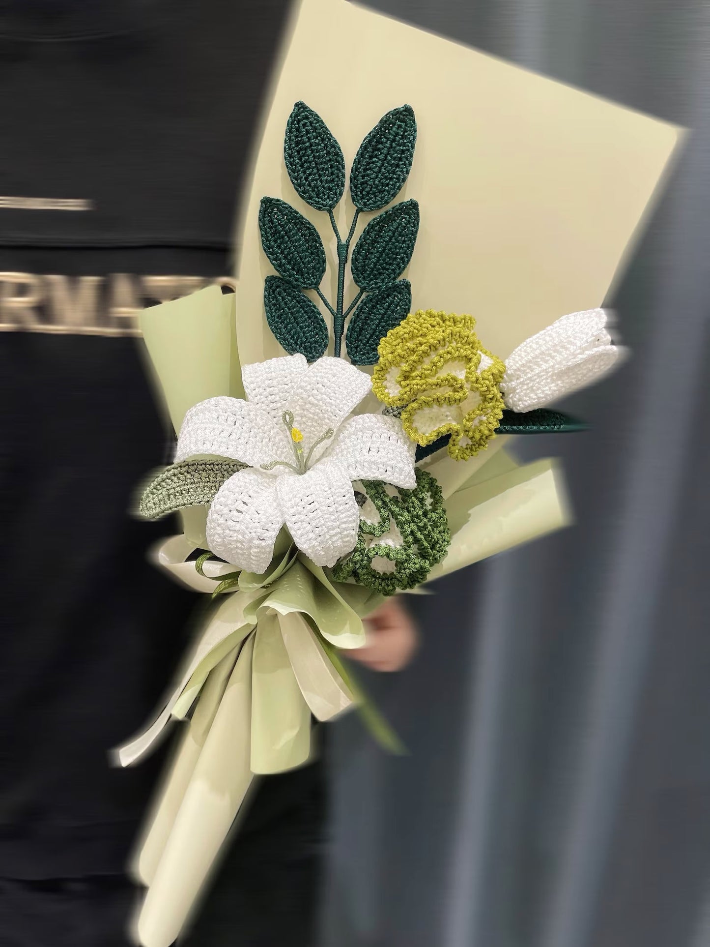 Crochet Lily Bouquet Mixed with Carnation&Tulip&Green Leaves - Small(17"H x 10"W) | Green & White