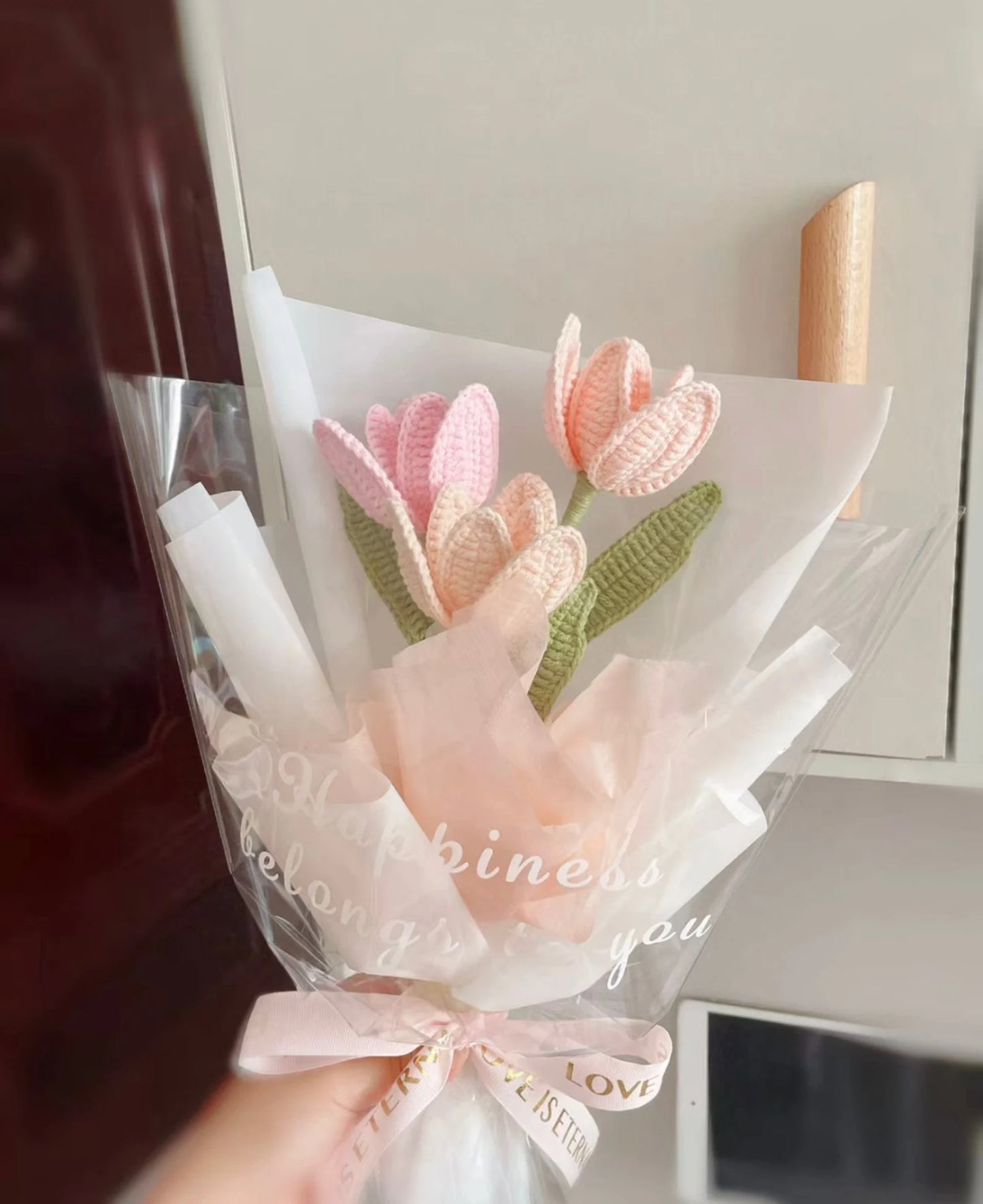 Crochet Tulip Small Bouquet, Multiple Styles Available(3-4 Stems), in Blue & White/Pink & White/Light Pink