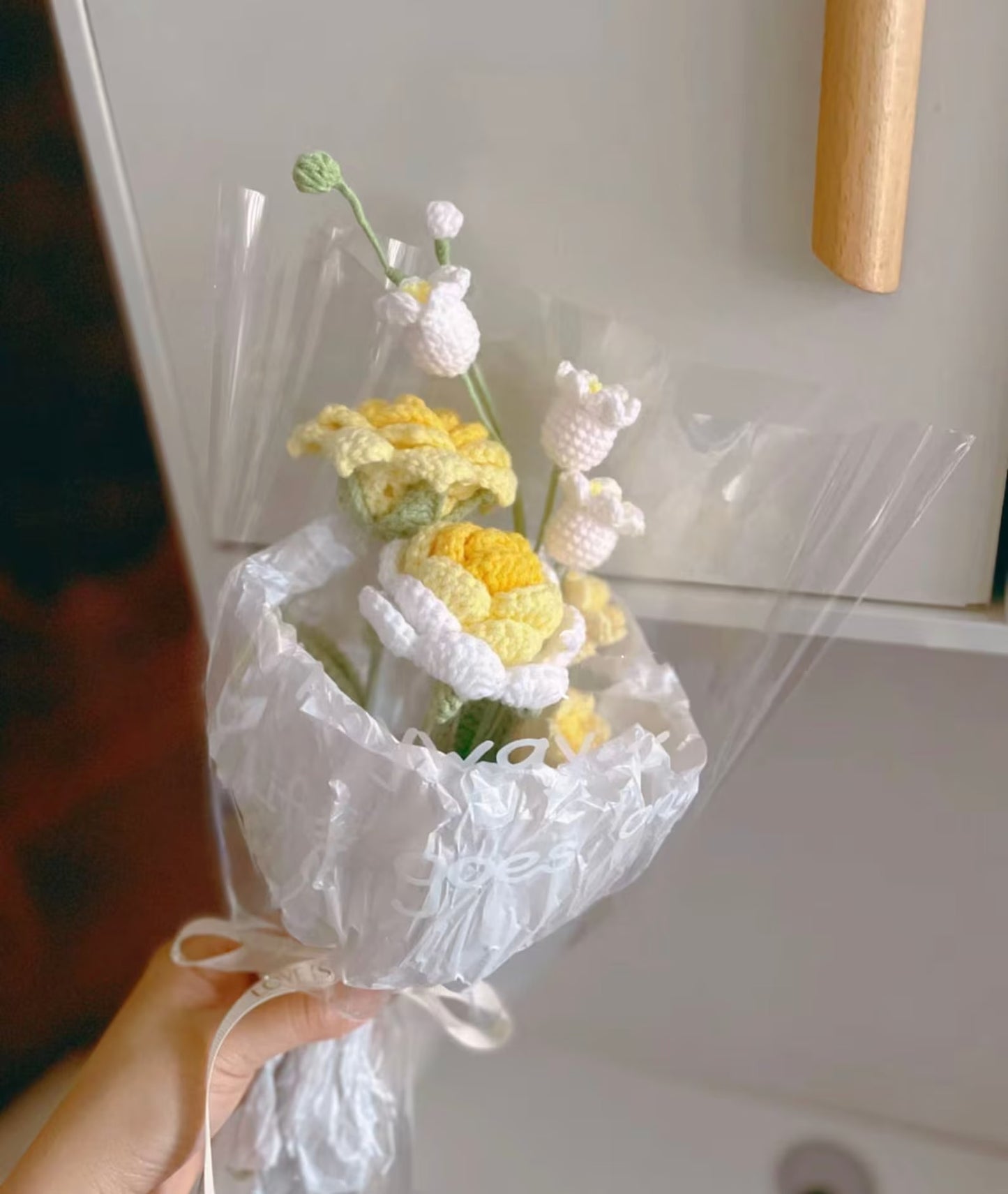 Crochet Rose Bouquet | Mixed with Lilies of the Valley | Small(17"Hx10"W) | Pink, Purple, Yellow, Blue