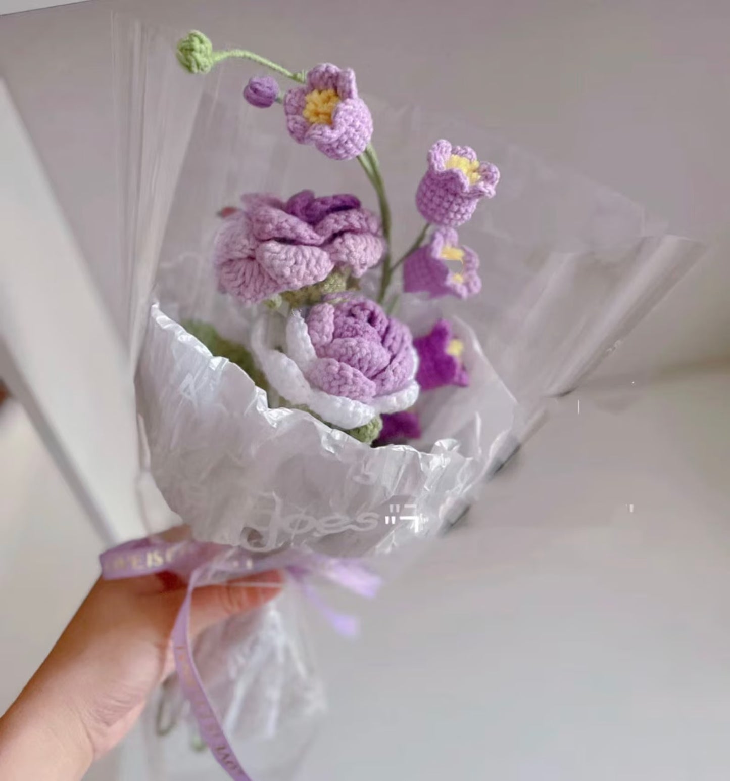 Crochet Rose Bouquet | Mixed with Lilies of the Valley | Small(17"Hx10"W) | Pink, Purple, Yellow, Blue