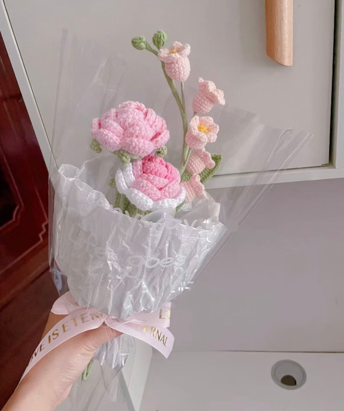 Crochet Rose Bouquet | Mixed with Lilies of the Valley | Small(17"Hx10"W) | Pink, Purple, Yellow, Blue