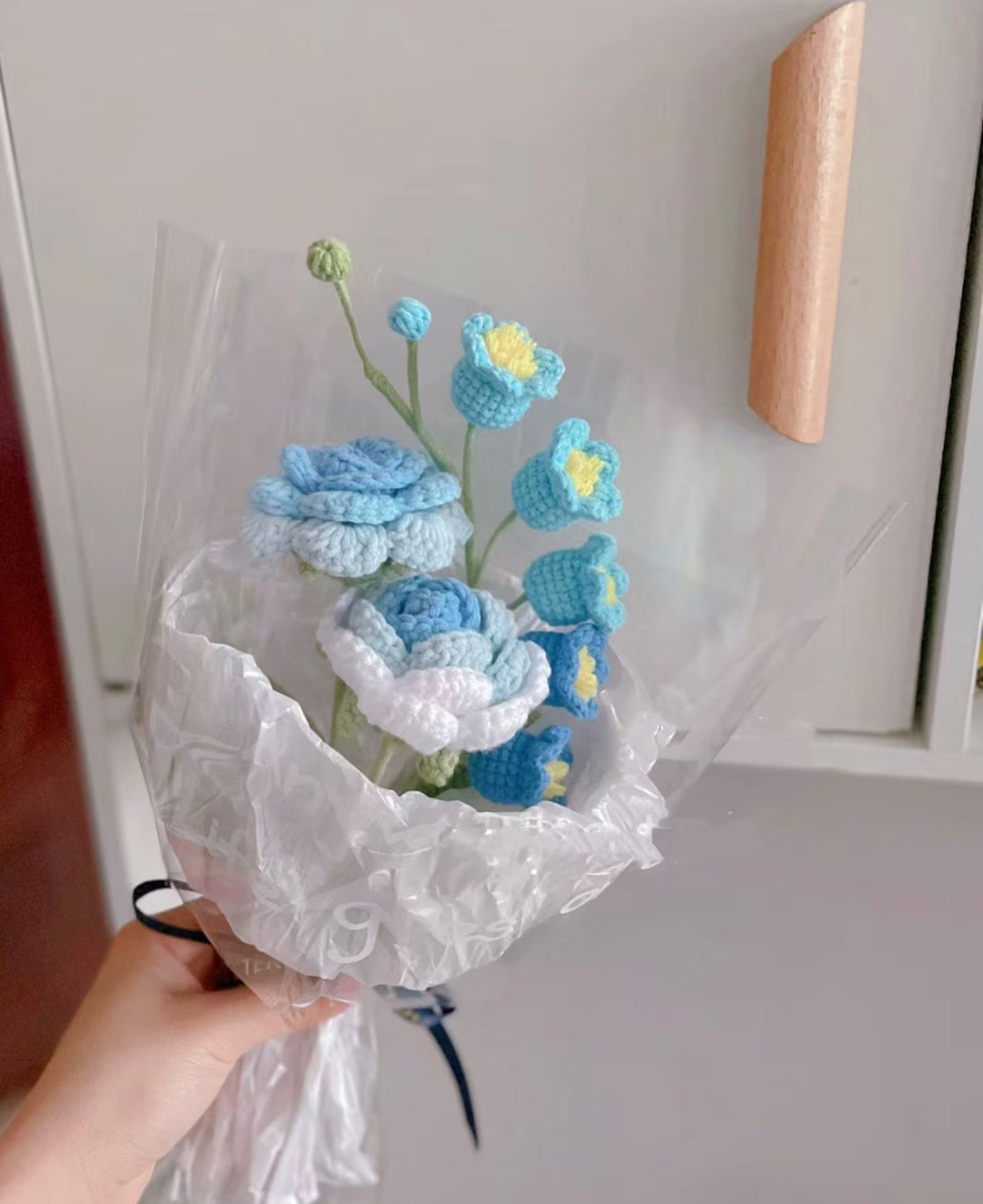 Crochet Rose Bouquet | Mixed with Lilies of the Valley | Small(17"Hx10"W) | Pink, Purple, Yellow, Blue