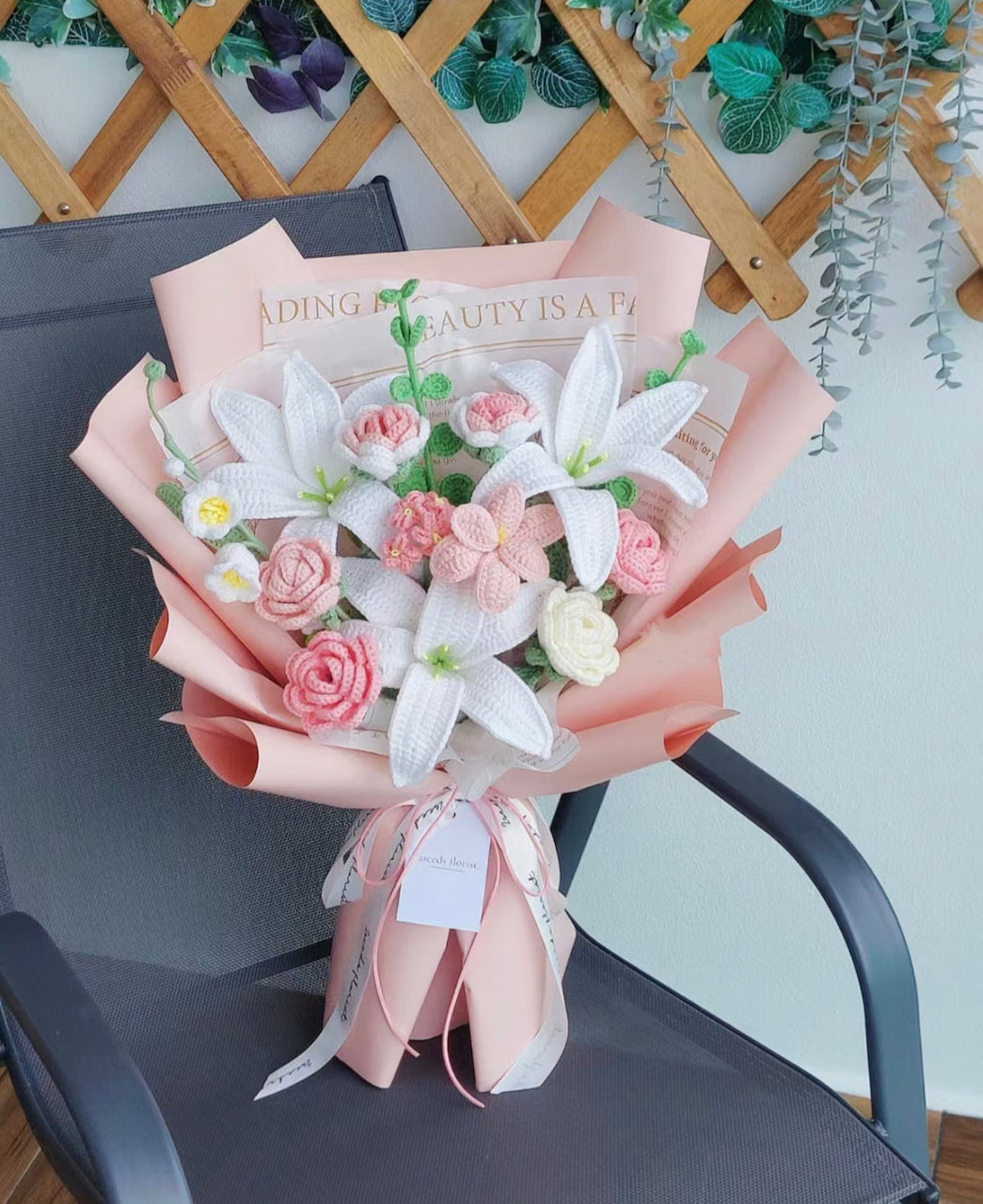 Blushing Reverie Bouquet — Handmade Crochet Lilies, Roses, Tulips & Lily of the Valley (14-Stem)