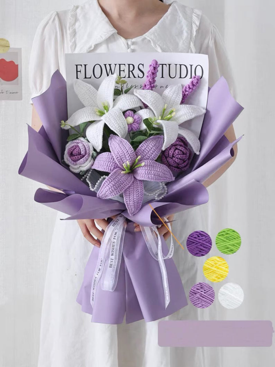 purple lily flower arrangements Enchanted Meadow Bouquet — Handmade Crochet Lilies, Roses, Lavender & Puff Flower (8-Stem) Purple / Wrapped for Gifting