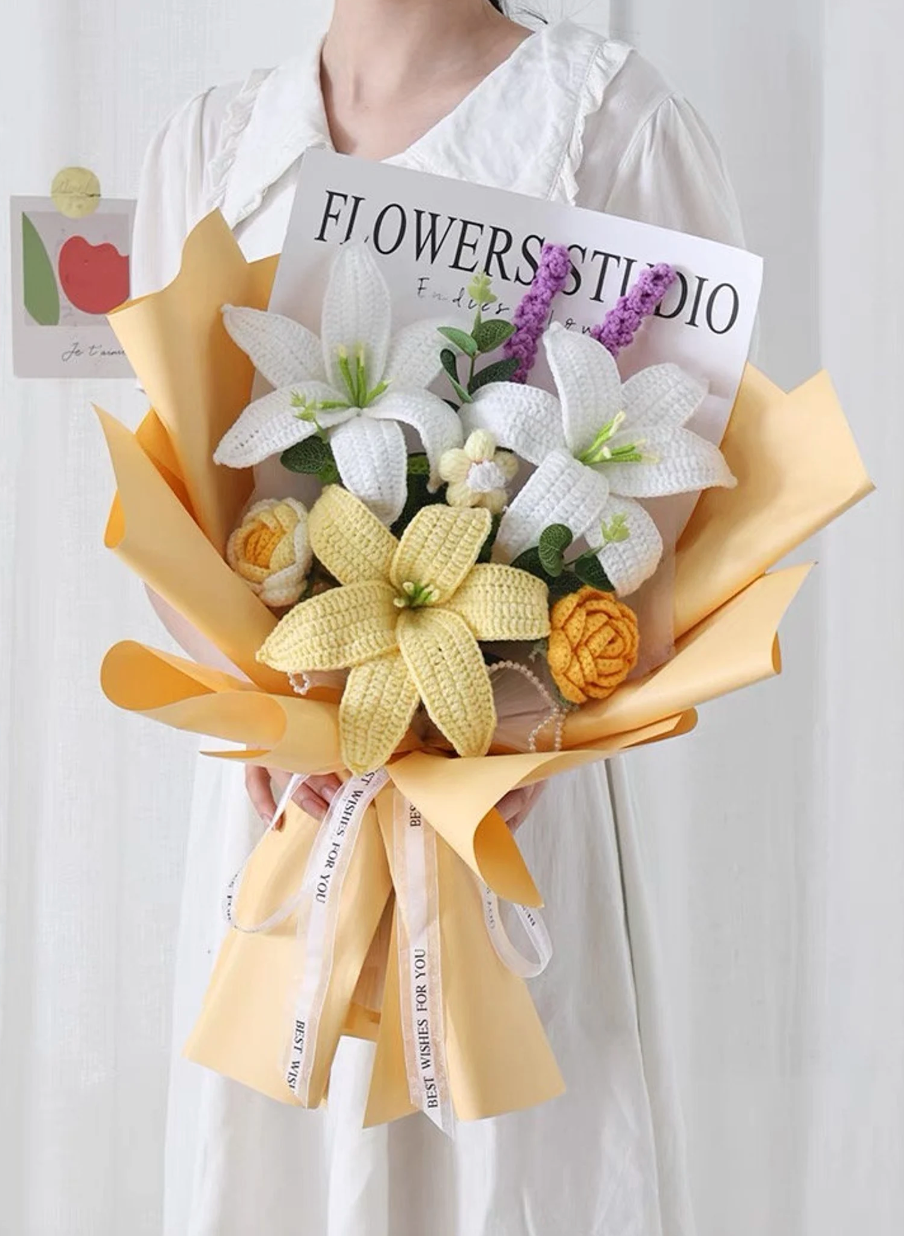 yellow crochet lily bouquet, crochet flower bouquet, crochet bouquet