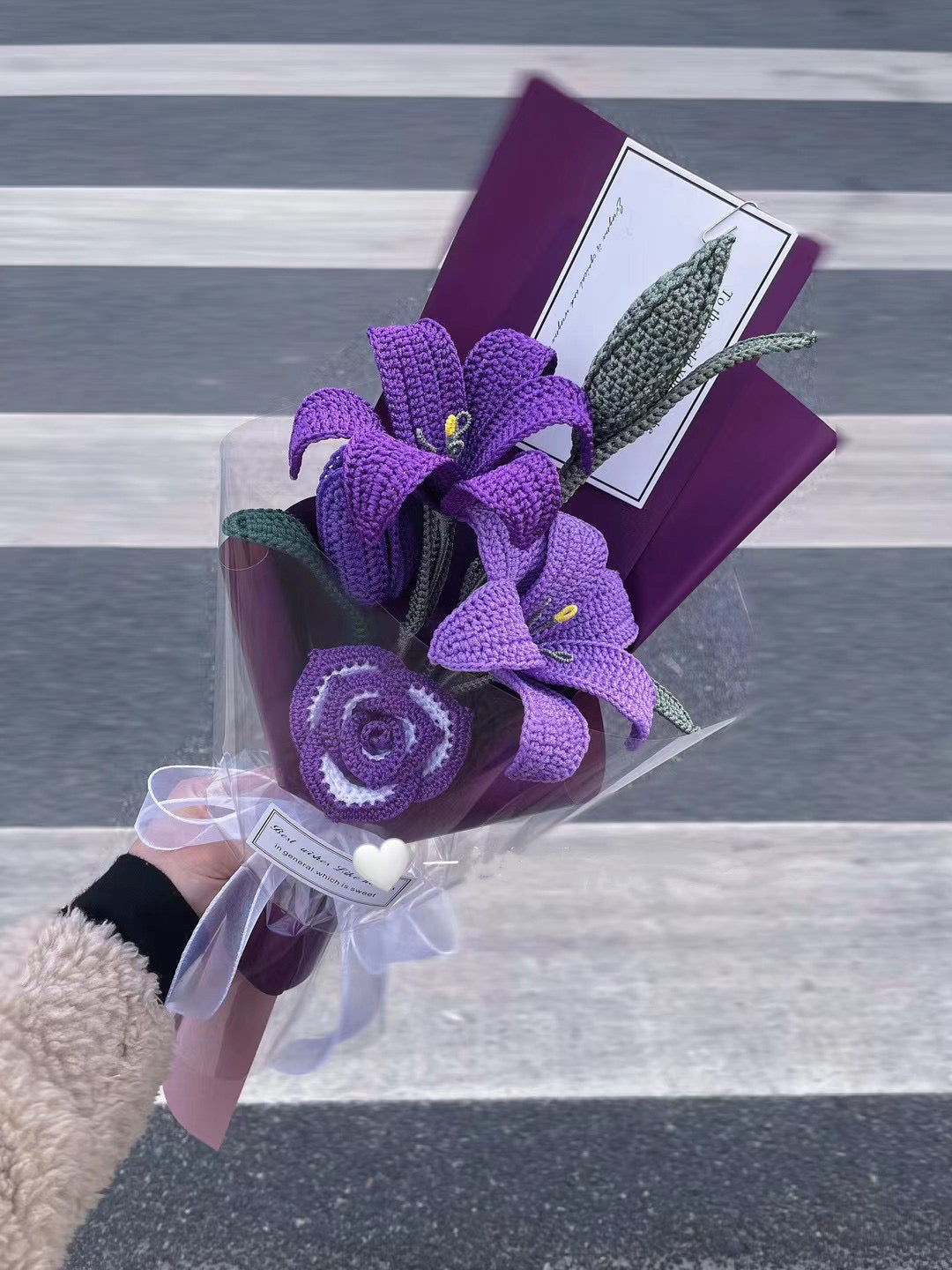Velvet Twilight Bouquet — Handmade Crochet Lilies, Roses & Tulip in Regal Purples with Emerald Leaf (5-Stem)