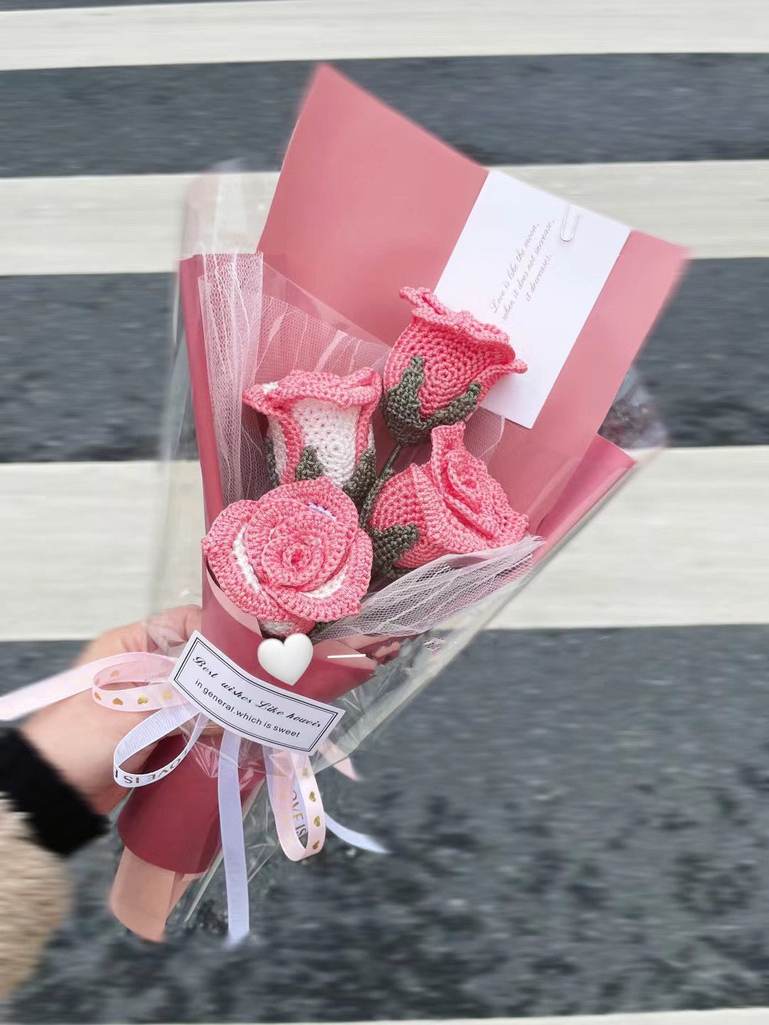 Crochet Rose Flower Bouquet, Pink Color