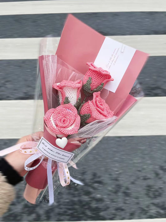 Crochet Rose Flower Bouquet, Pink Color