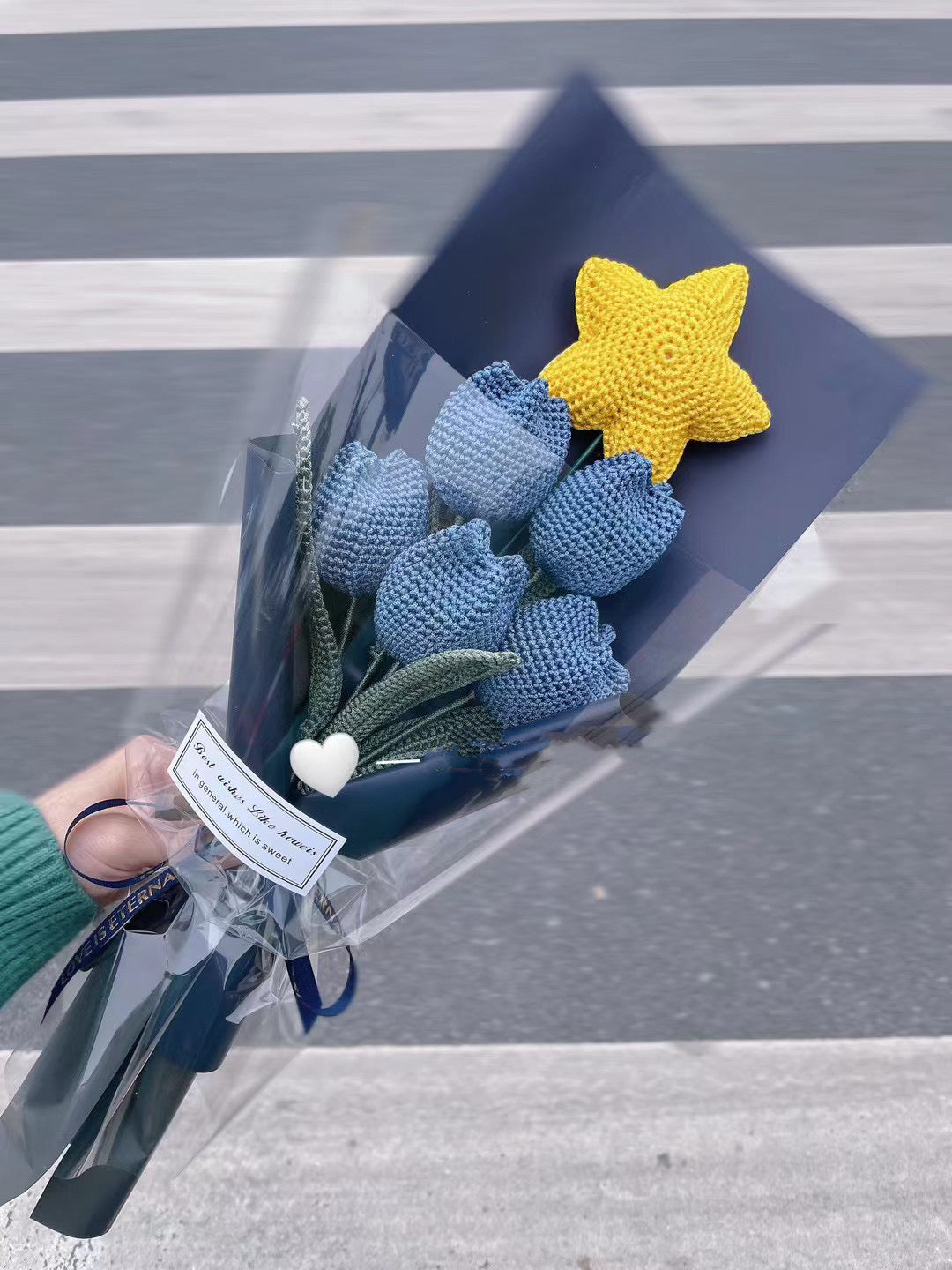 Crochet Tulip Bouquet, Mixed with Crochet Lucky Star, in Light Blue Color